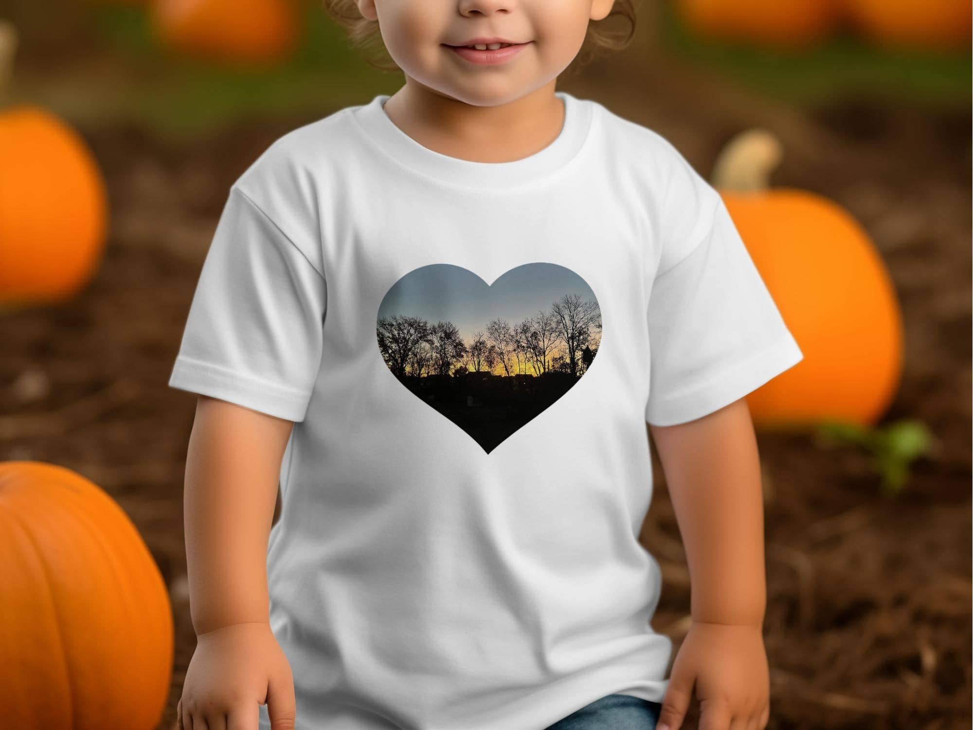 Sunset Forest Heart Silhouette T-Shirt, Nature Lover Gift, Editable Name or Message, Unique Graphic Tee, Customizable Apparel