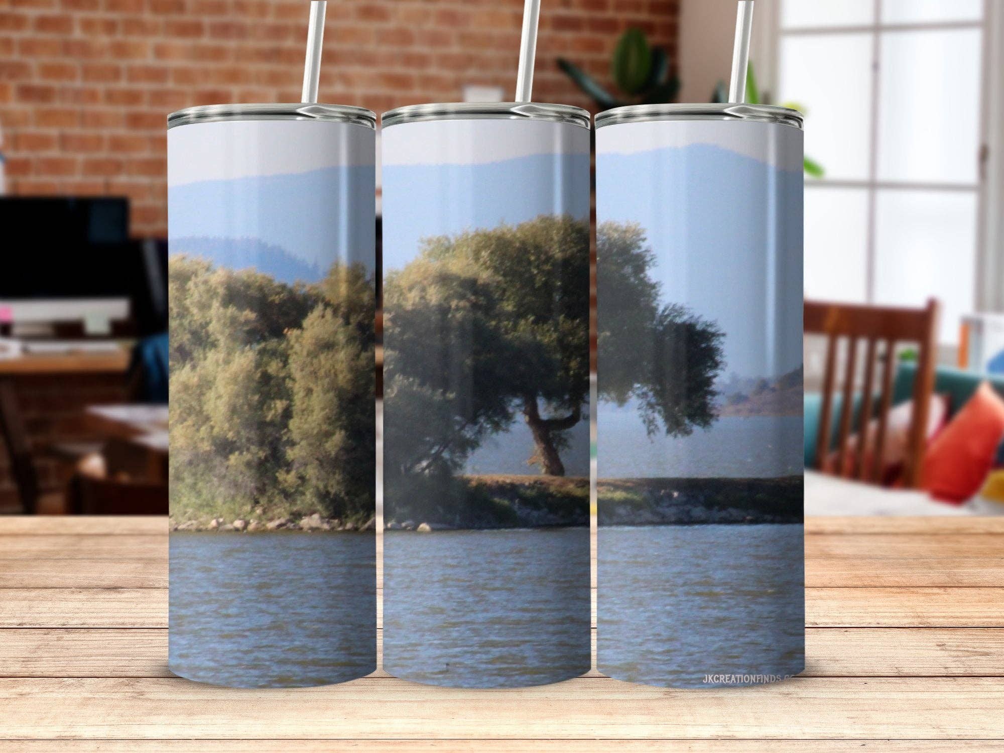 Scenic tree on lake tumbler, nature photography tumbler, lakeside view tumbler, outdoor scenery drinkware, unique gift tumbler