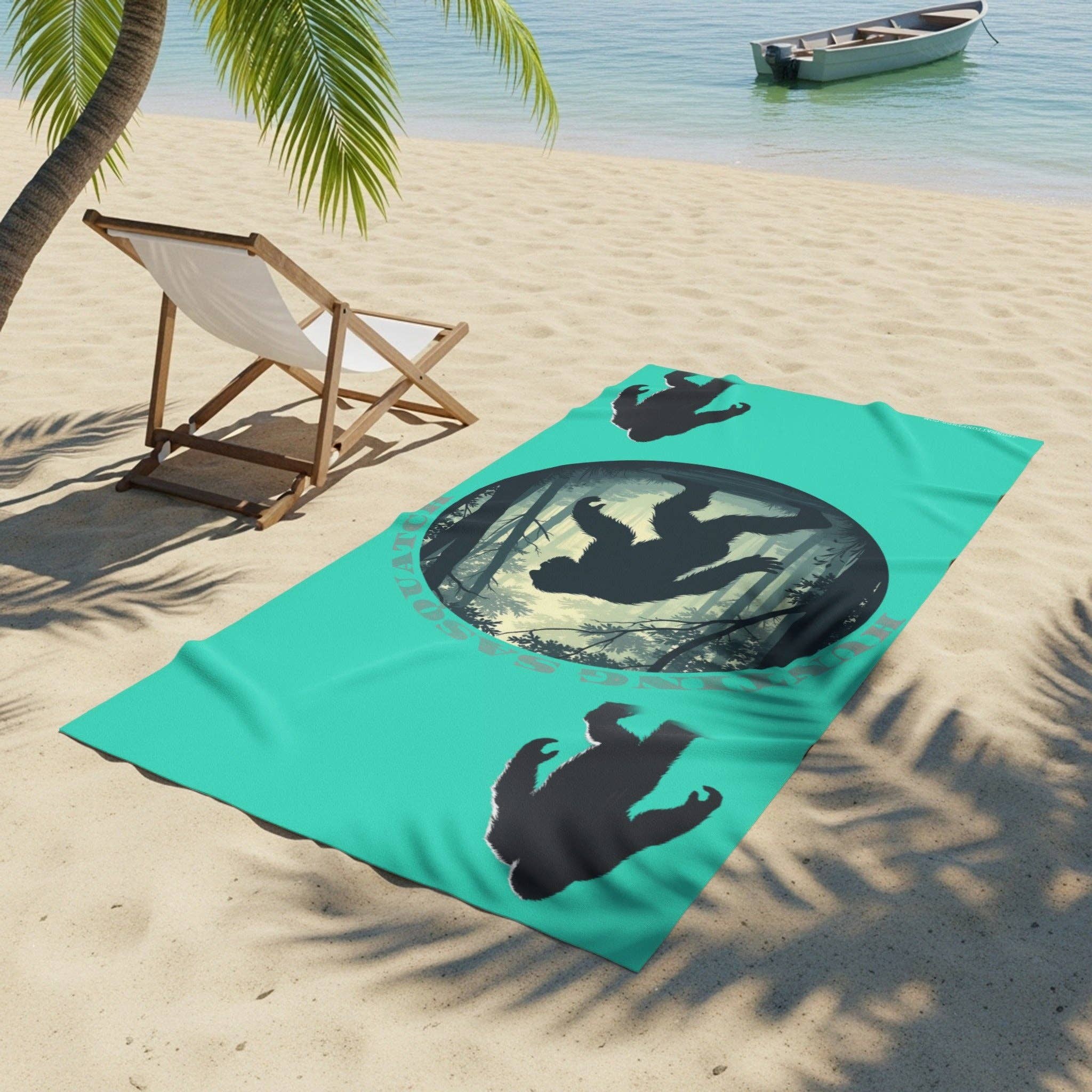 Sasquatch Beach Towel, Hunting Bigfoot, Funny Cryptozoology Gift, Summer Vacation Towel, Personalized Beach Towel, Add a Name