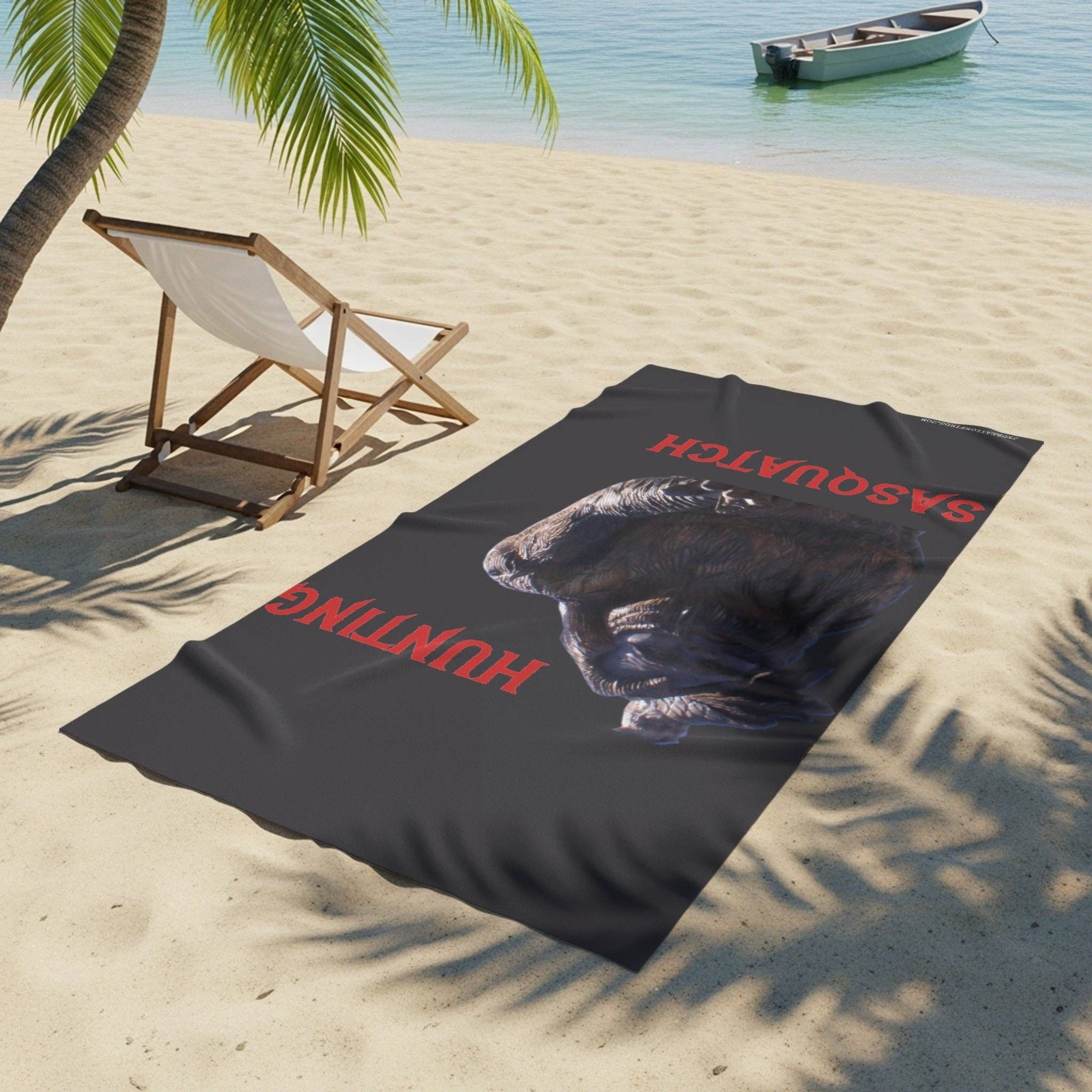 Sasquatch Beach Towel, Hunting Bigfoot Design, Personalized Beach Towel, Gift for Cryptozoology Lover, Custom Name Towel, Funny Gift