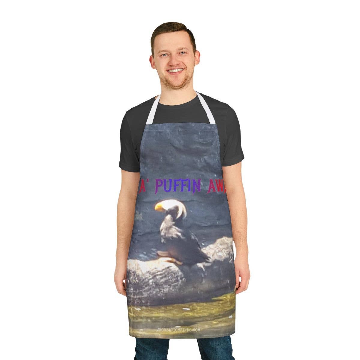 Puffin Apron, Funny Bird Pun Design, im A' puffin away, Tufted Puffin Art, Unique Gift, 5-Color Straps (aop) Apron