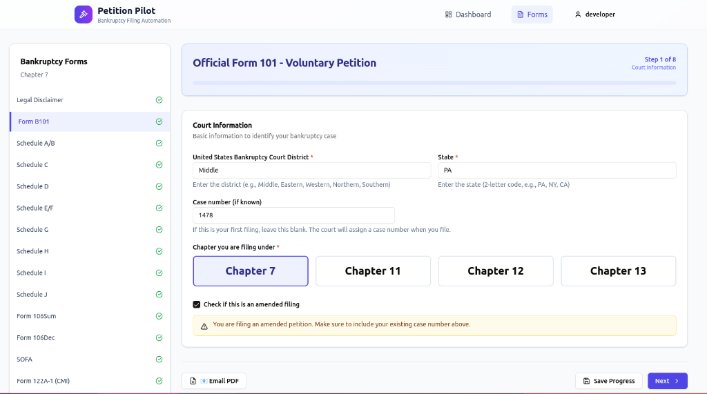 Petition Pilot view showing required bankruptcy filing forms