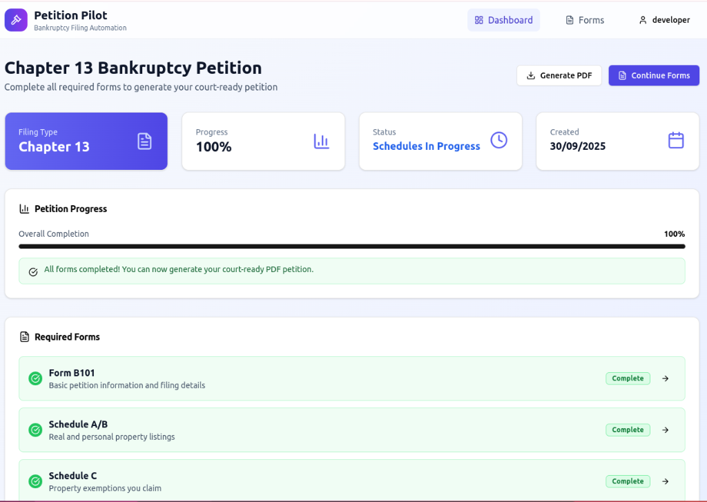 Petition Pilot Chapter 13 petition dashboard and form progress