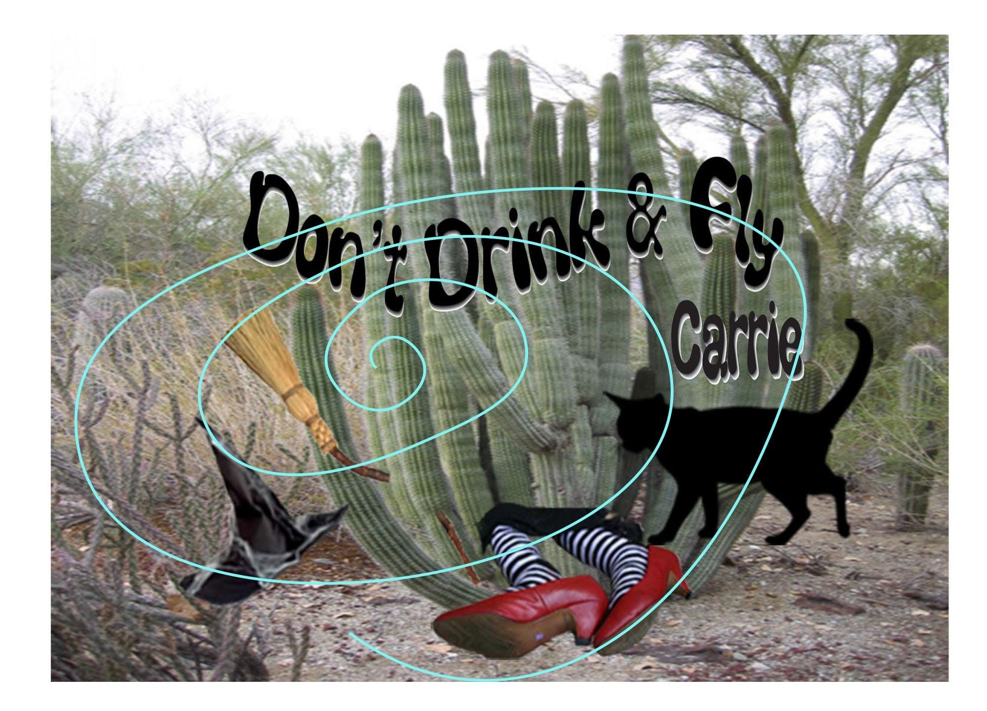Witty Halloween Birthday Card - Witch Crashing into Cactus - Don’t Drink & Fly!