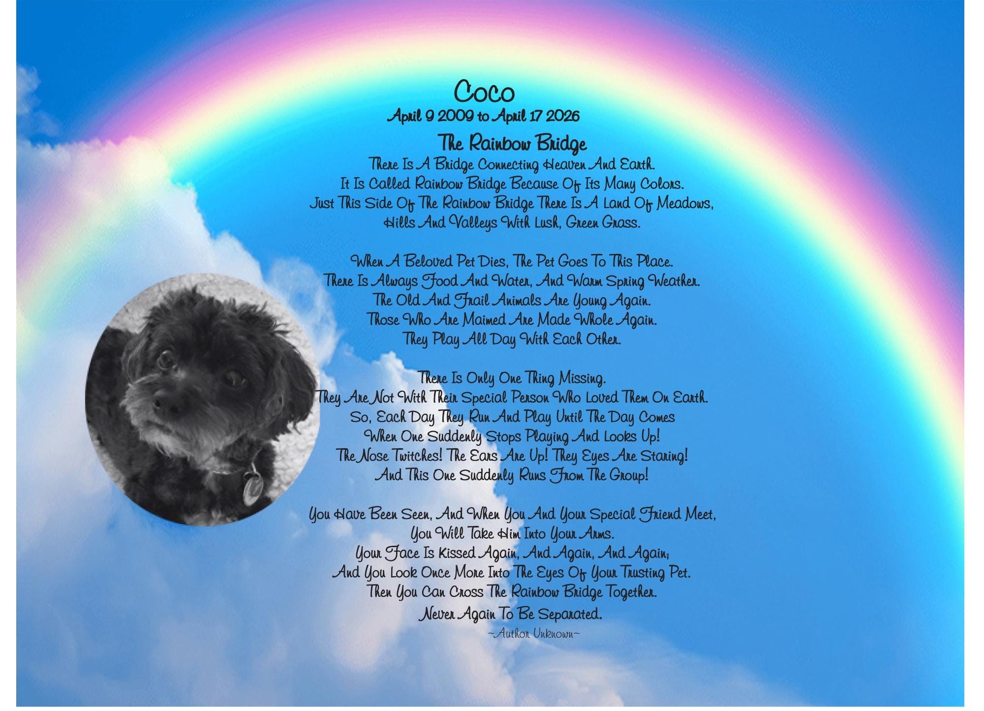 Rainbow Bridge Poem Poster - Memorial Art for Deceased Pets, 11x8.5 Landscape