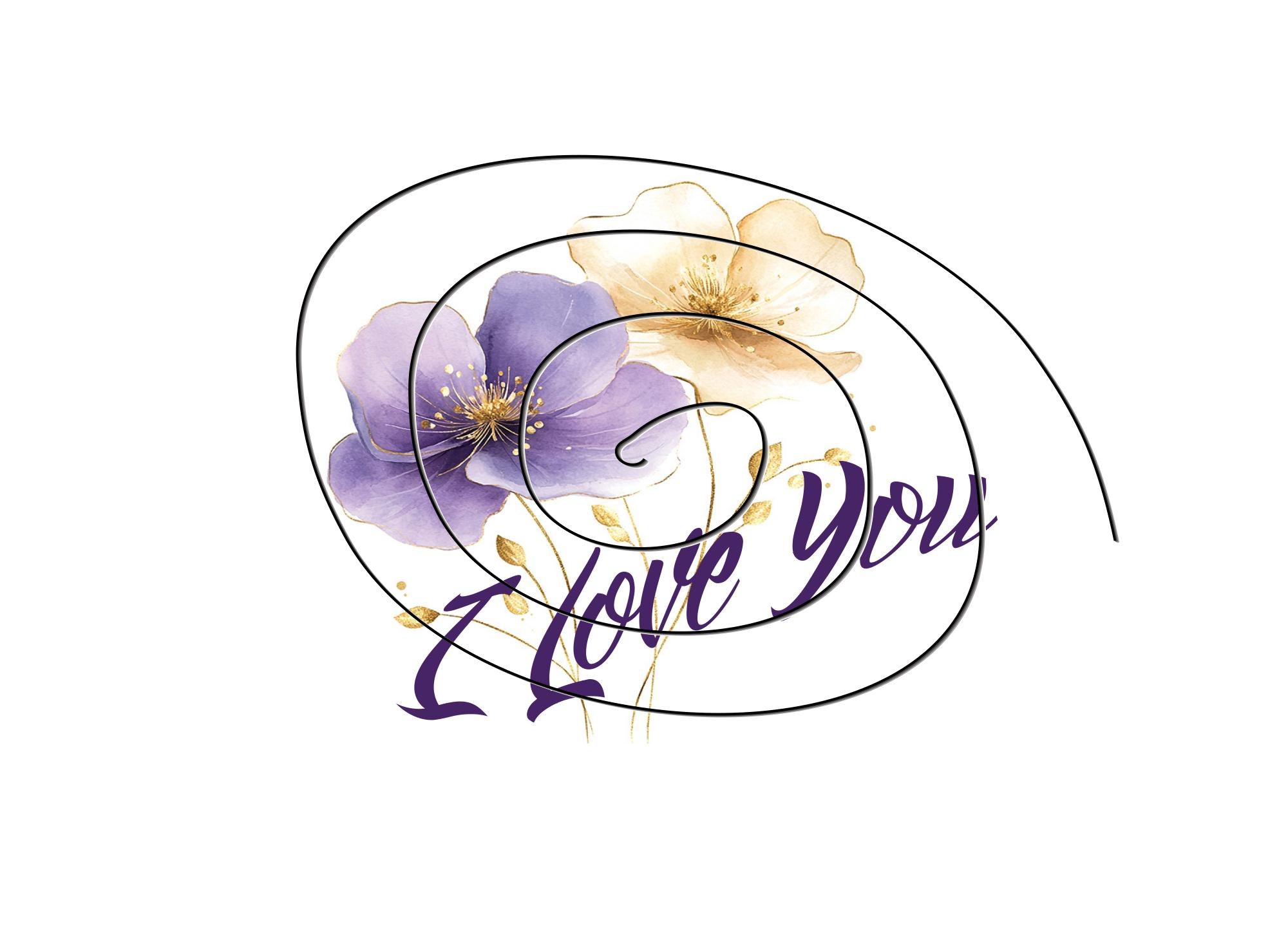 Artistic Blue & Gold Watercolor Floral ‘I Love You’ Card - Digital Download, Blank Inside