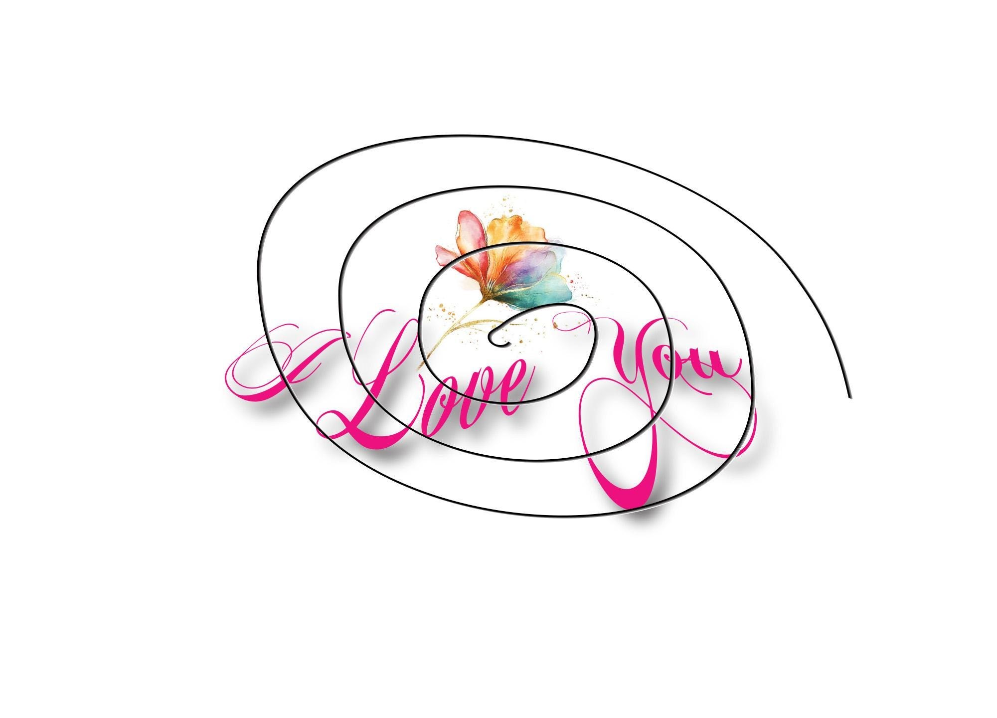 I Love You Card - Digital Design with Artistic Lettering & Multicolor Flower
