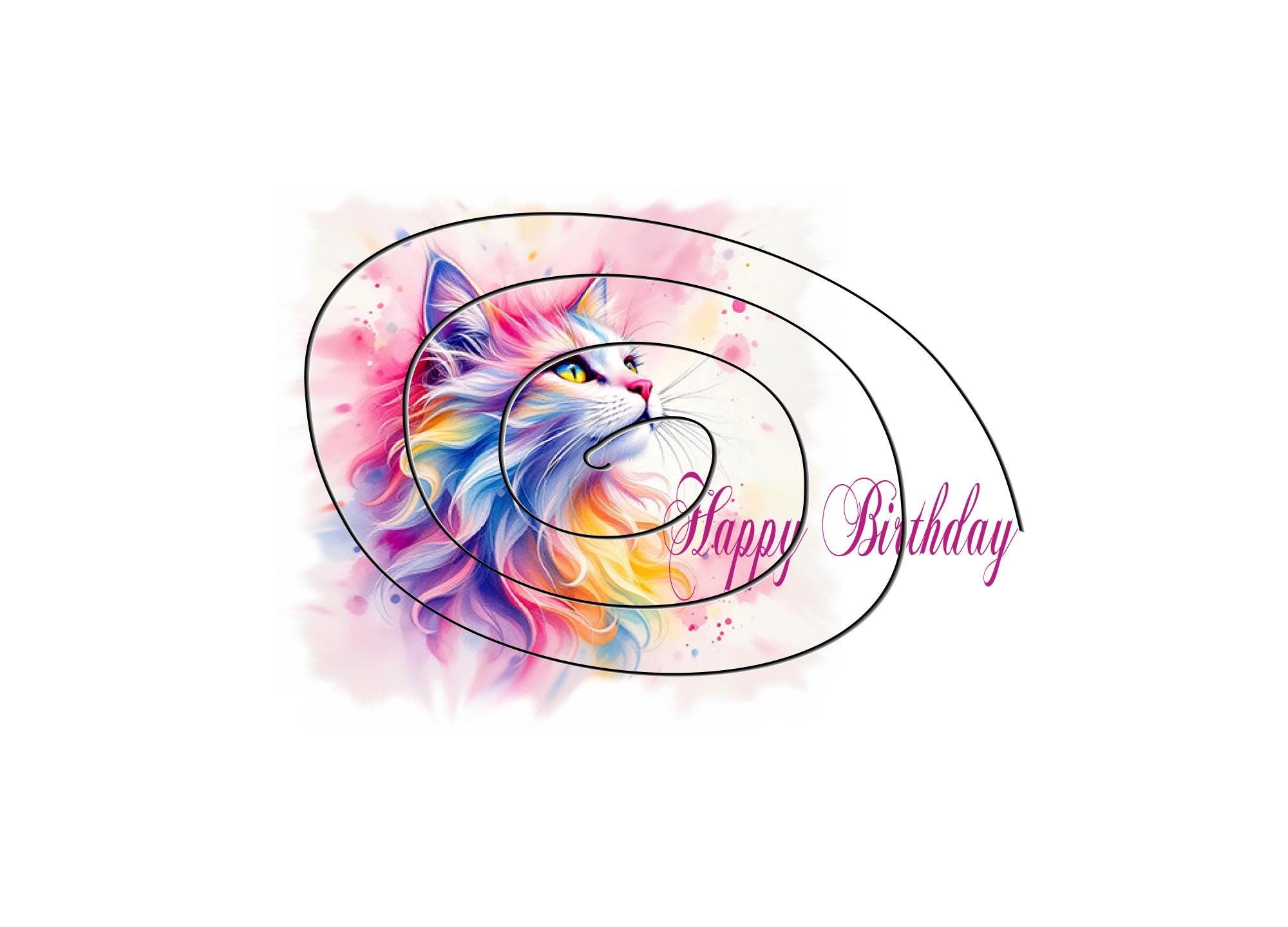 Brightly Colored Multicolor Cat Birthday Card - Digital Download, Blank Inside for Adult or Child