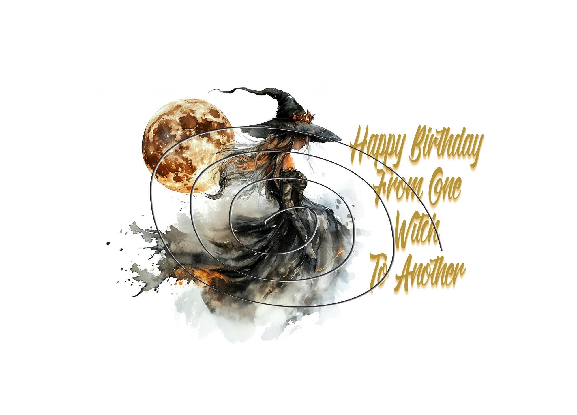 Watercolor Witch October Birthday Card | Digital Download | Gold Highlights & Blank Inside