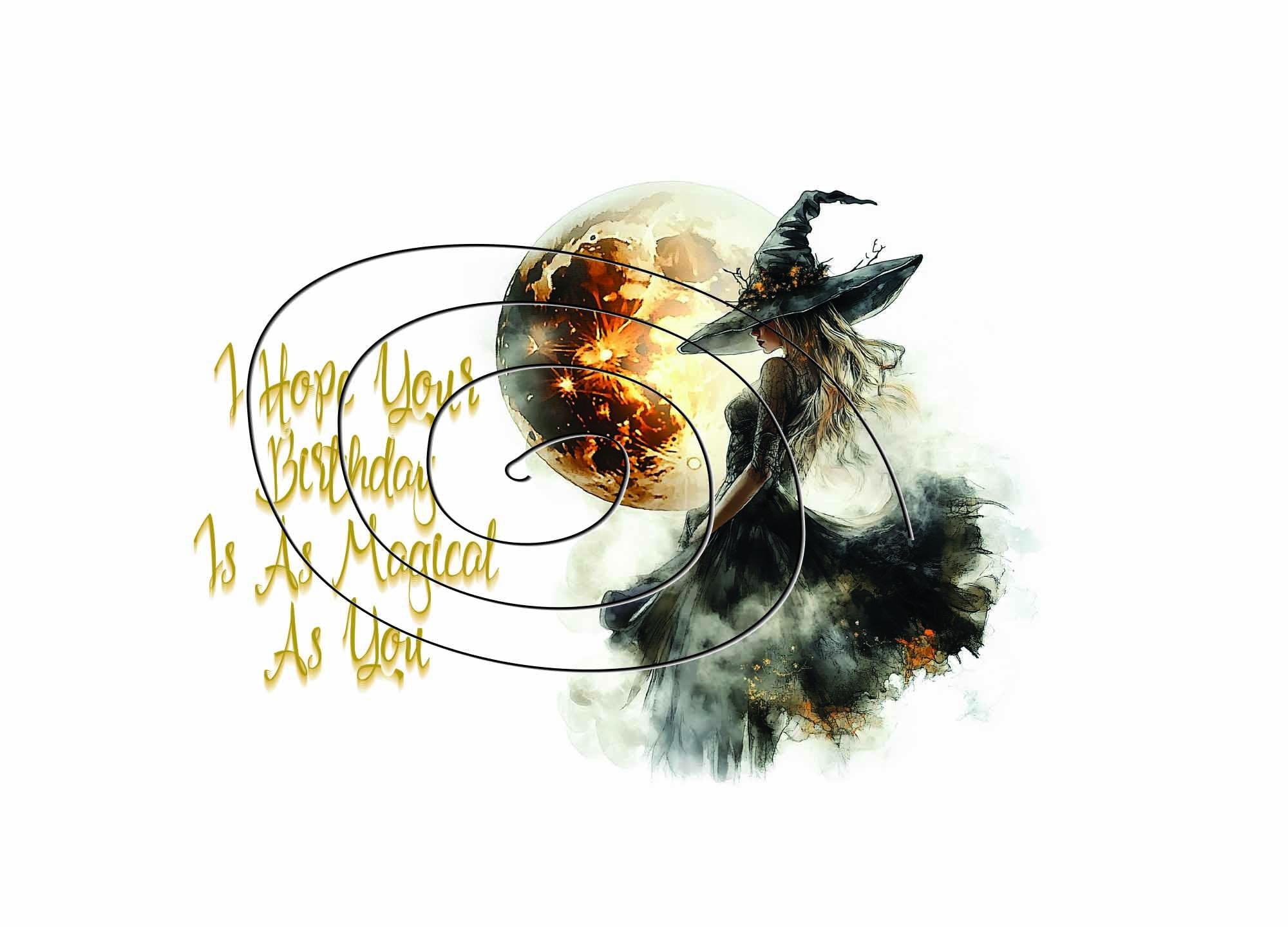 Watercolor Witch October Birthday Card | Digital Download | Gold Highlights & Blank Inside