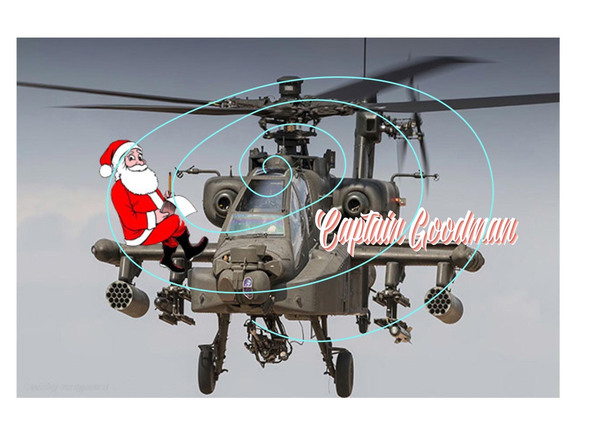 Apache Helicopter Christmas Card - Santa on Weapon Pylons, Merry Christmas Inside-Personalized
