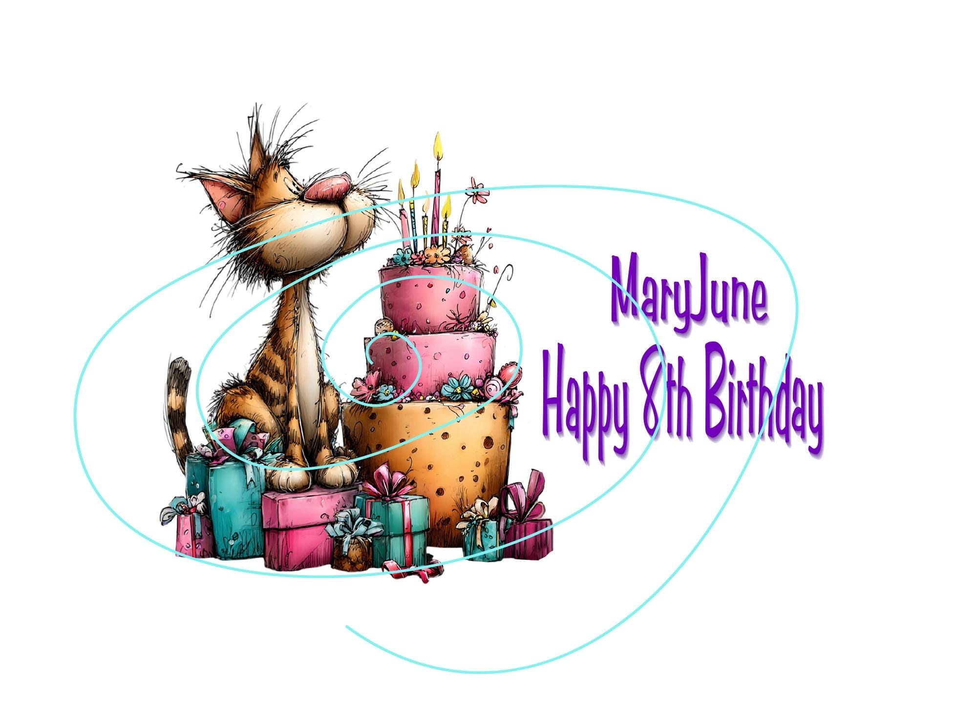 8th Birthday Card for Kids – Cat, Cake, Gifts, Fun Adventures Message