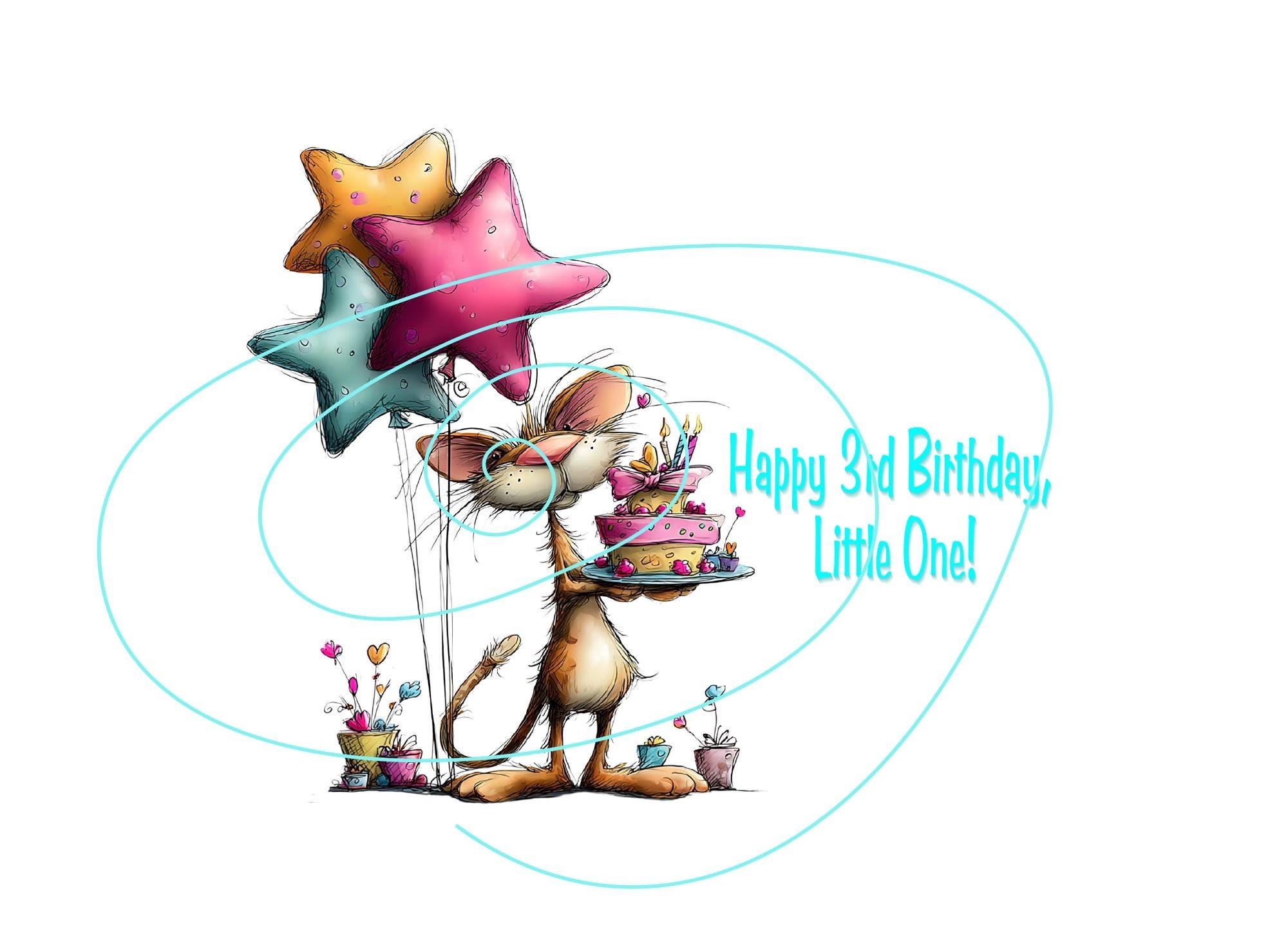 Happy 3rd Birthday Card - Kid’s Birthday Wishes with Fun Cat & Balloons