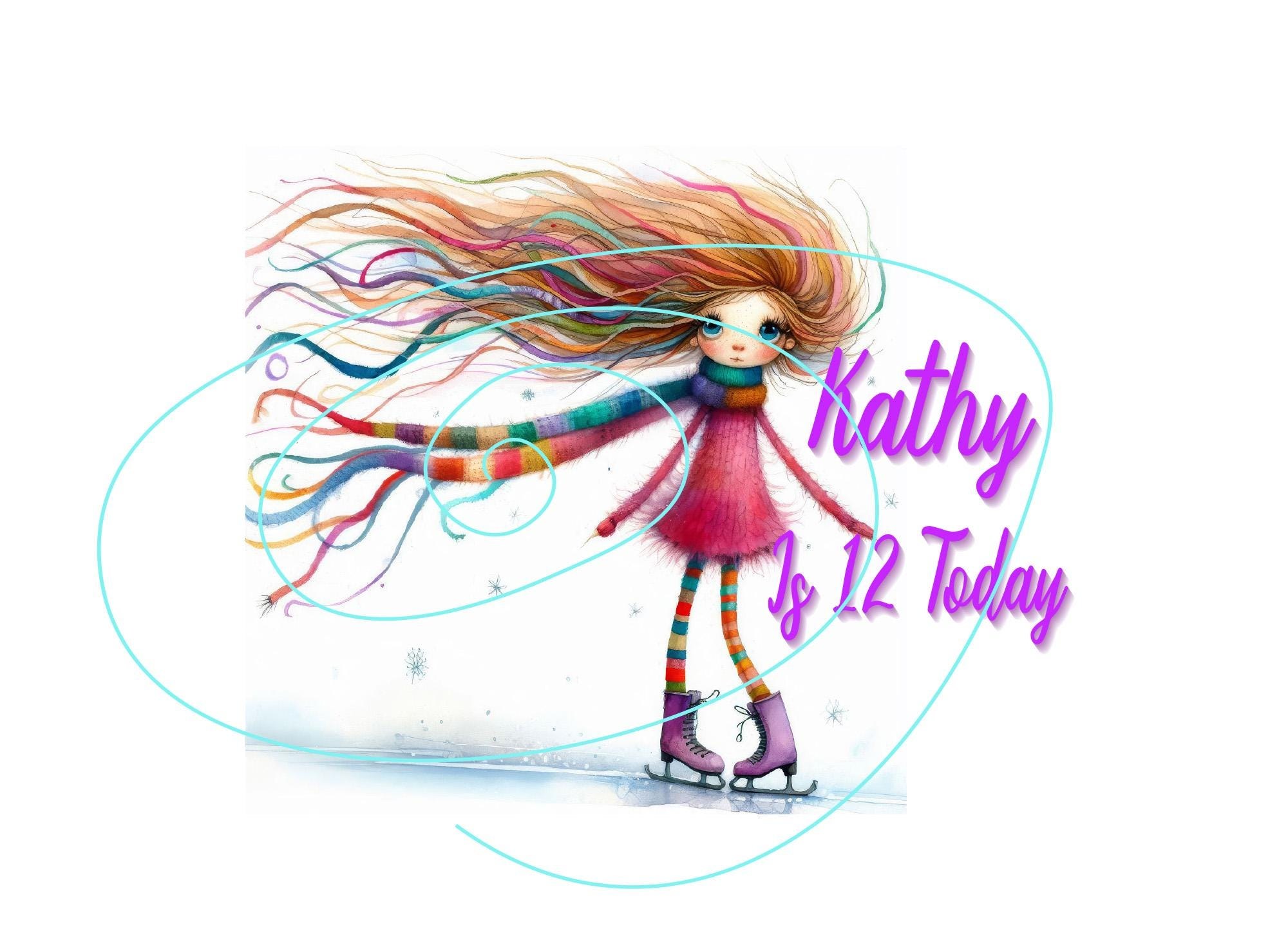 Birthday Card for Girl – Ice Skater Illustration, Age 12 (January Edition)