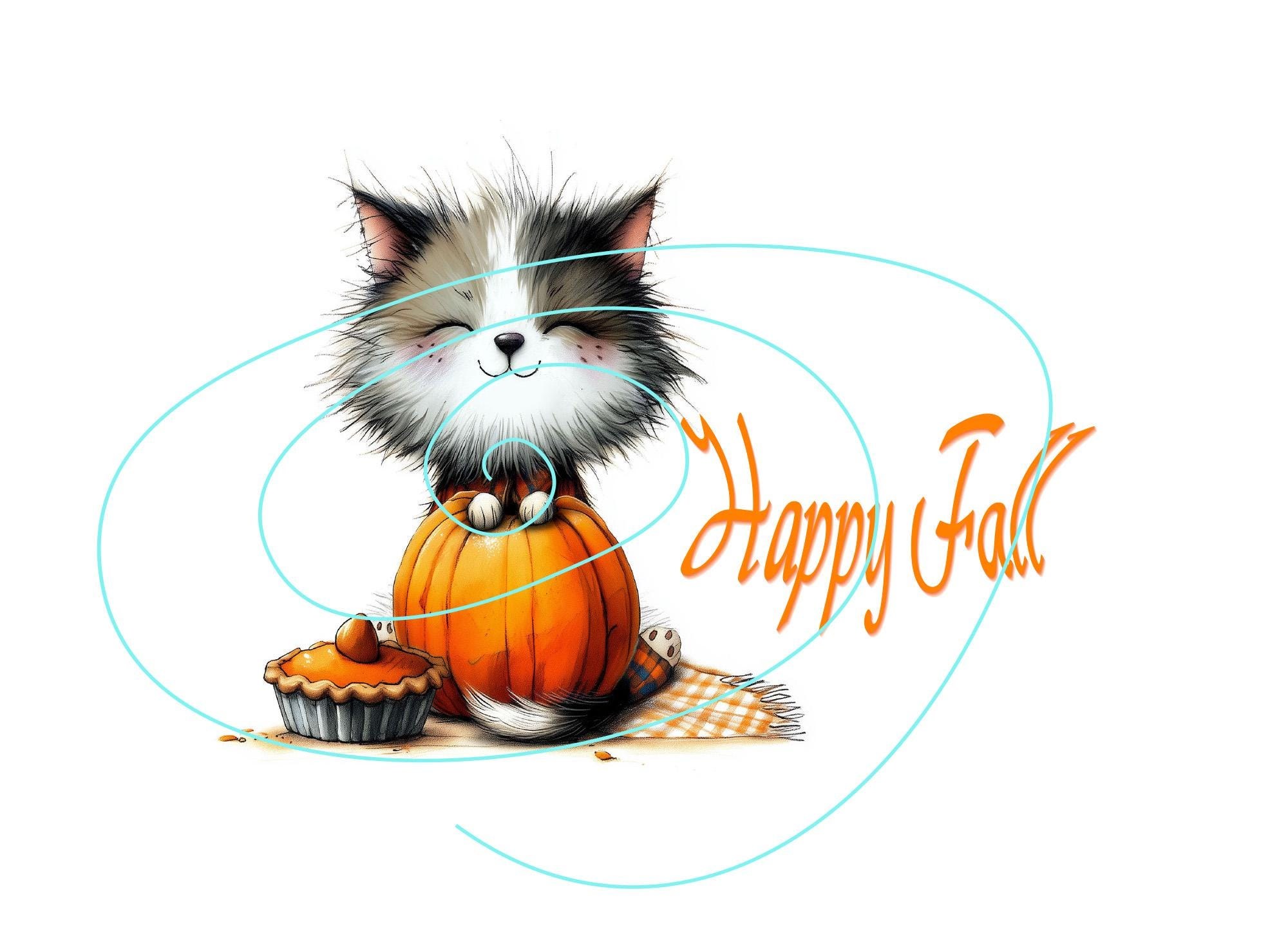 DIY Fall Card - Smiling Cat & Pumpkin Pie - Digital Download - Blank Inside