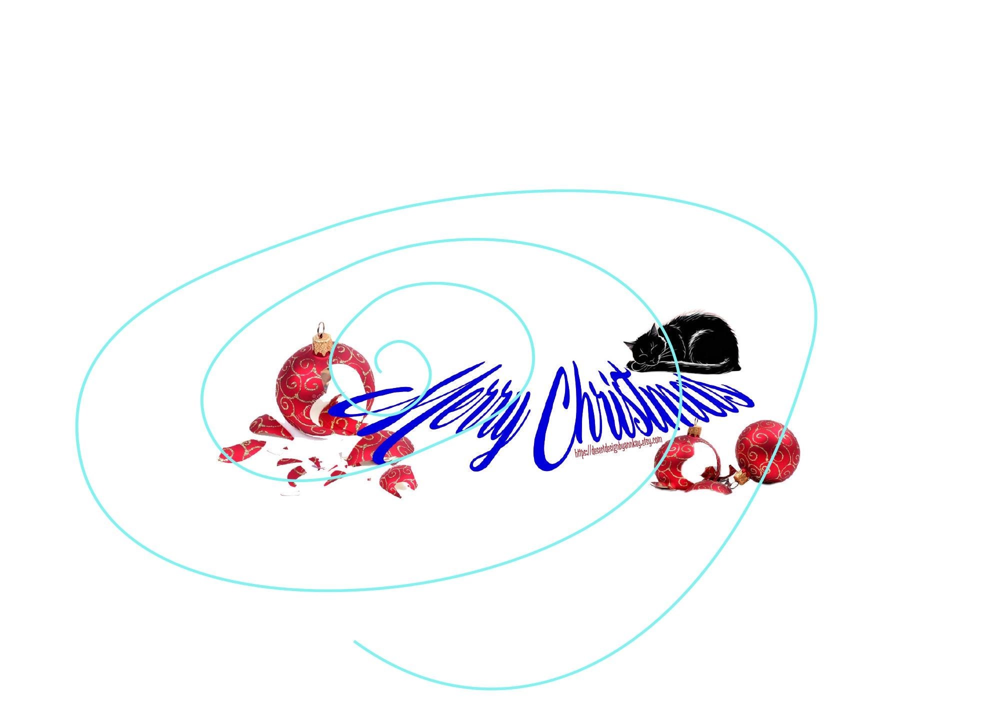 Digital Christmas Card & Stationery Kit - Blank Inside -Sleeping Cat And Broken Ornaments
