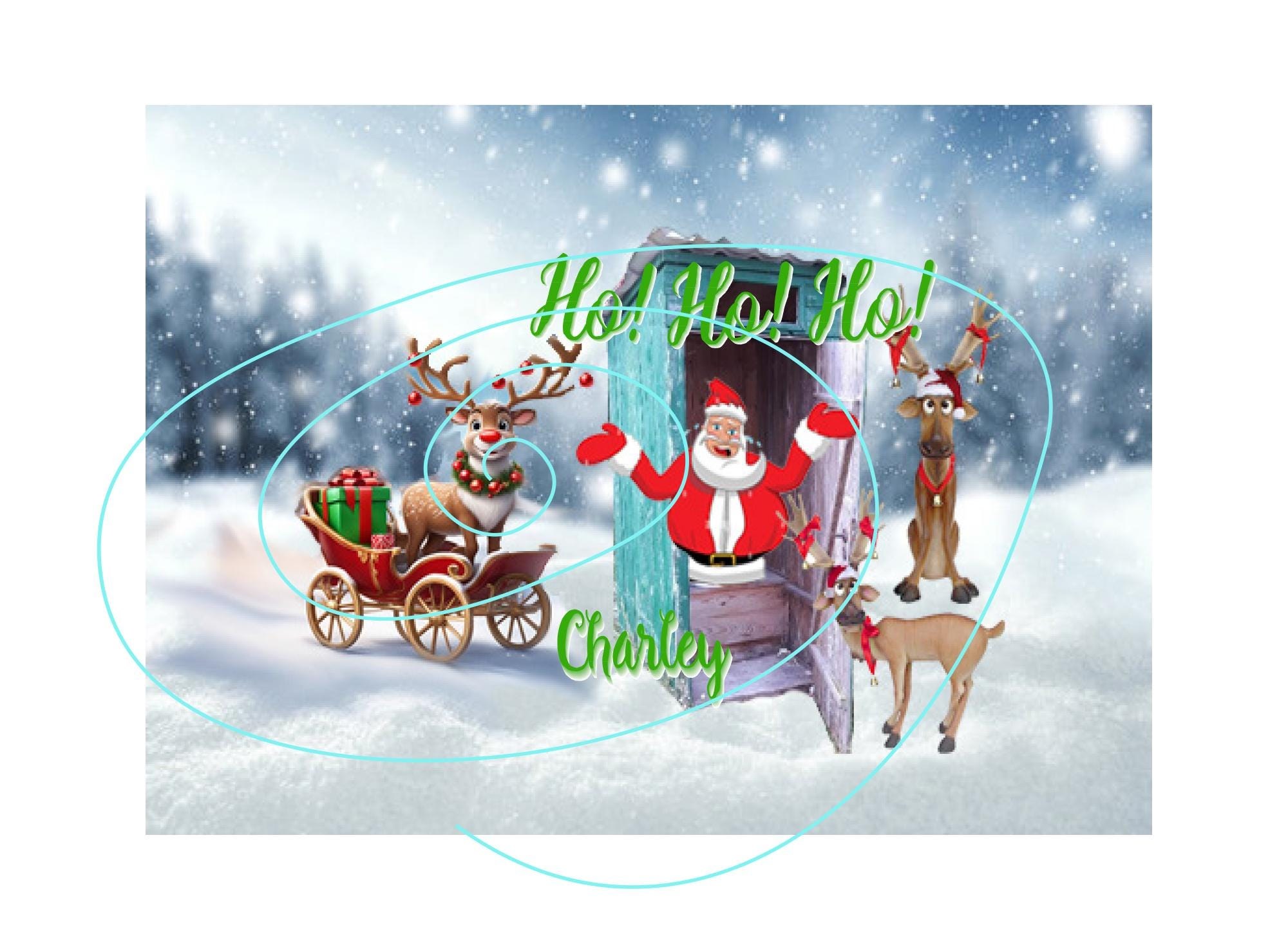 Humorous Santa Christmas Card - Outhouse Mishap, Glasses Gone Missing