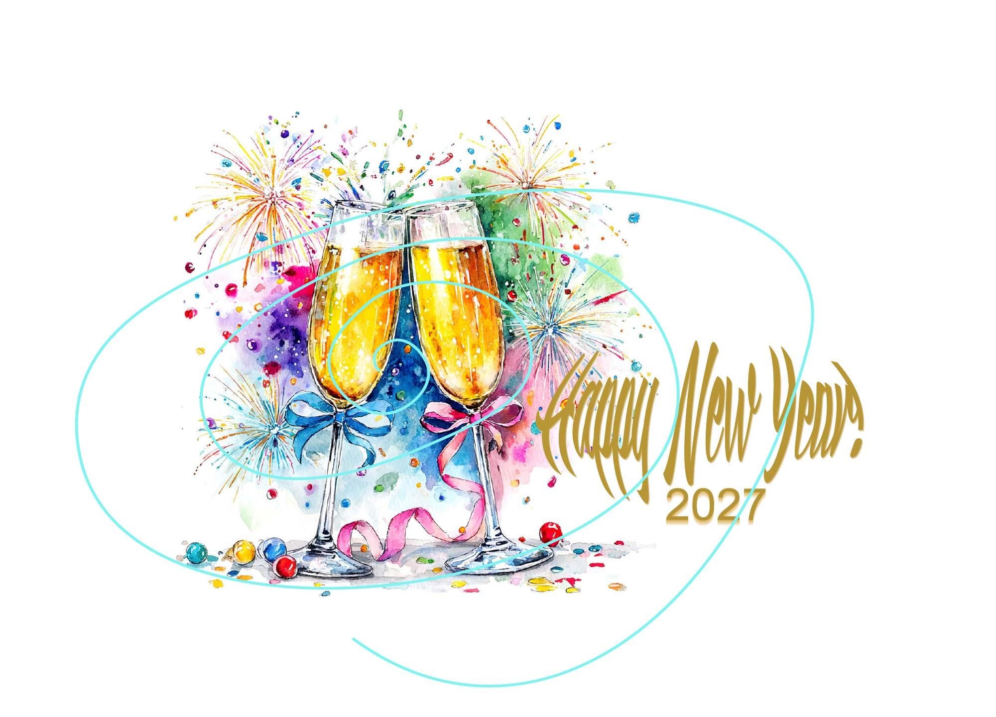 2027 Happy New Year Card | Digital Card with Gold Text & Colorful Fireworks