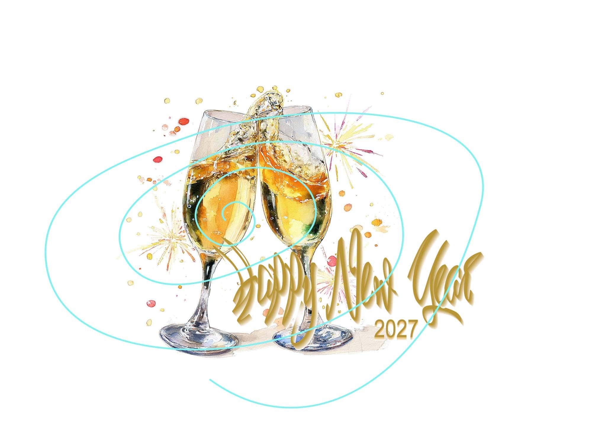 Elegant 2027 New Year Card - Digital Design with Gold Glitter Accents - Blank Inside
