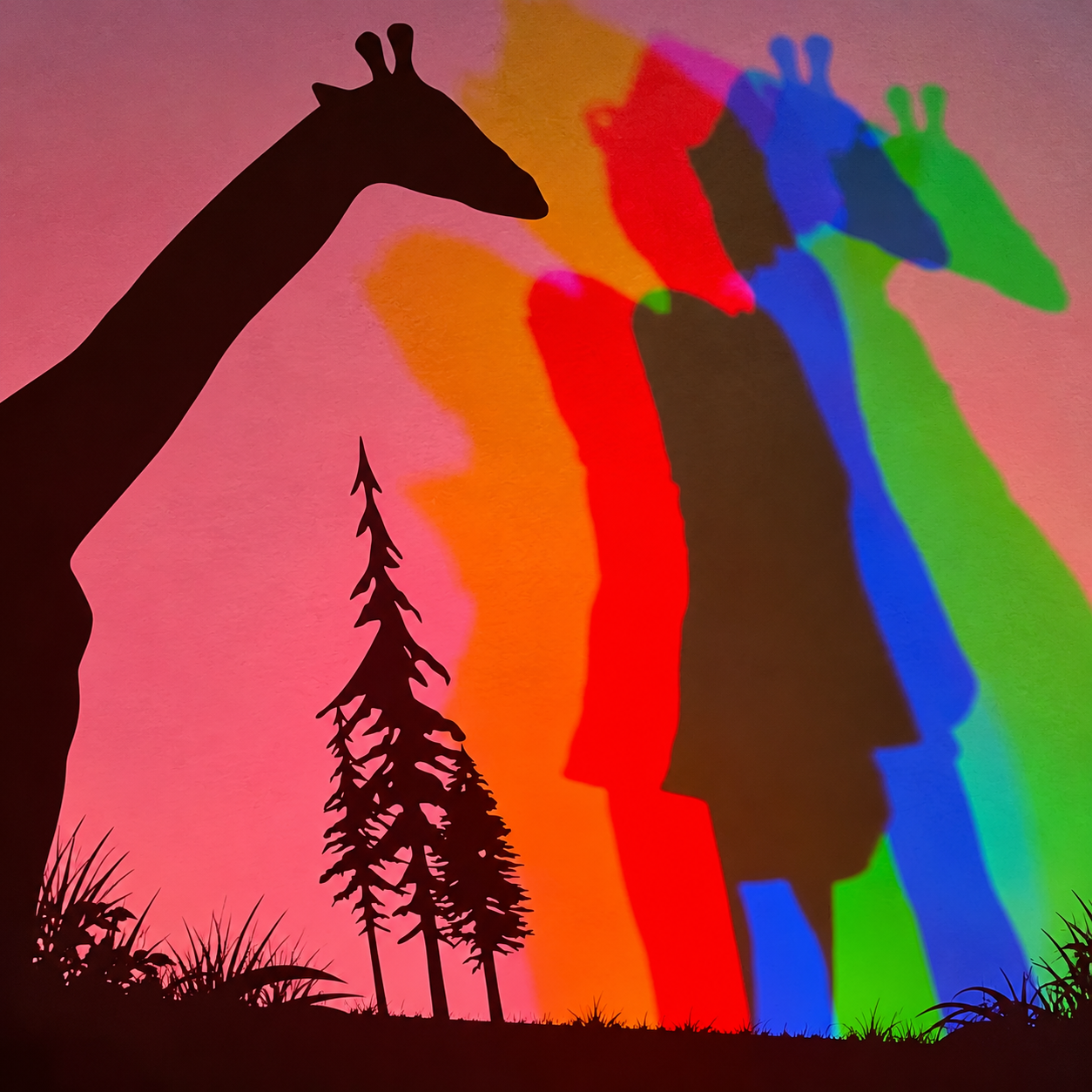 Giraffe silhouette with overlapping colourful shadows and trees