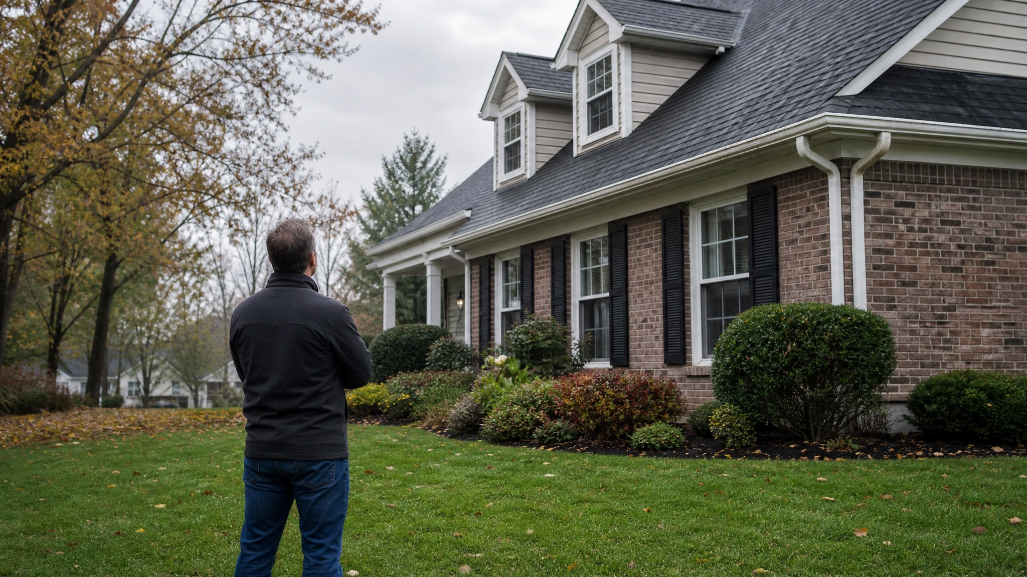 Homeowner looking at a residential roofline and gutter system in autumn