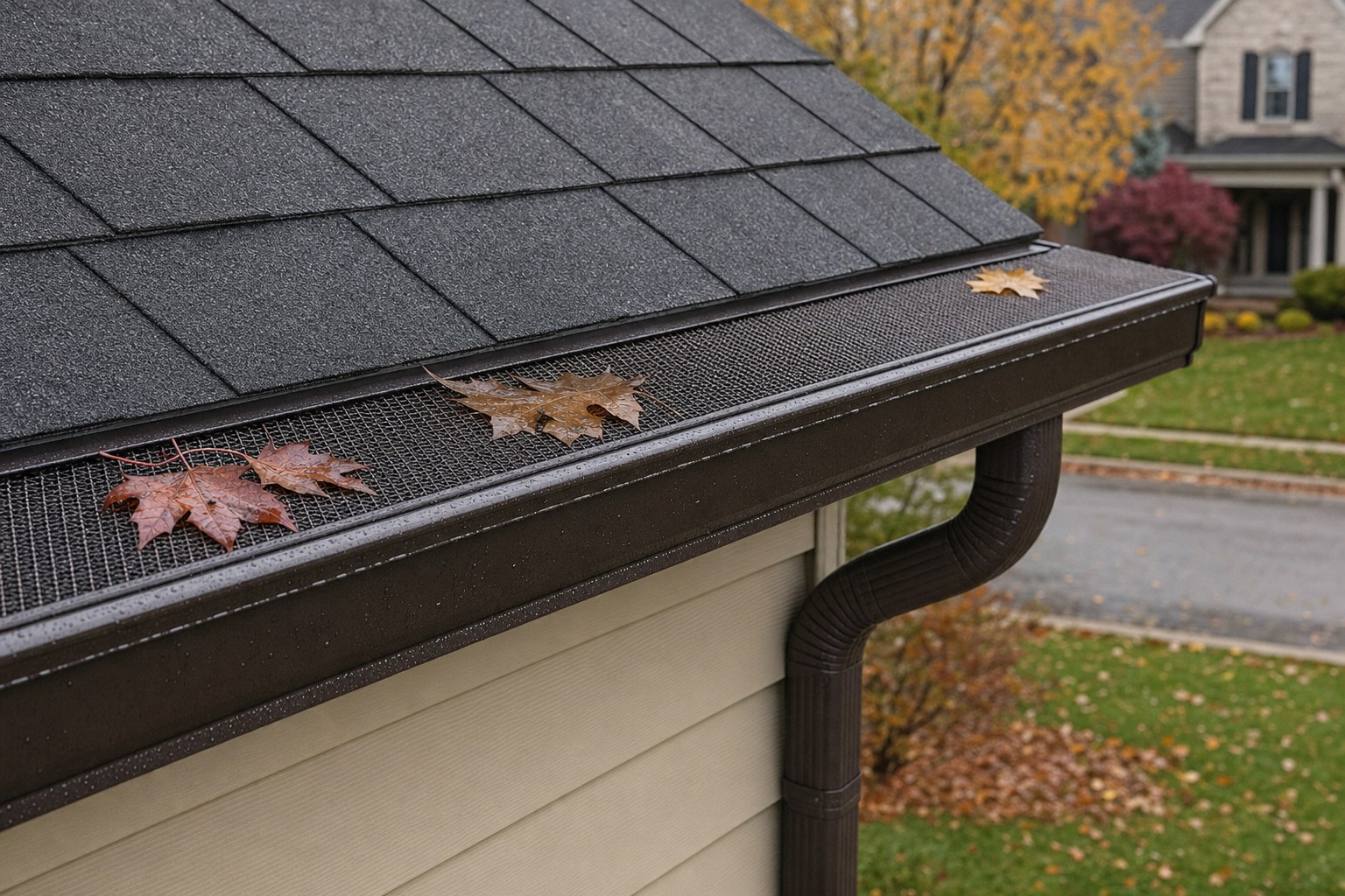 Micro-mesh gutter guard with a few leaves on a residential roofline
