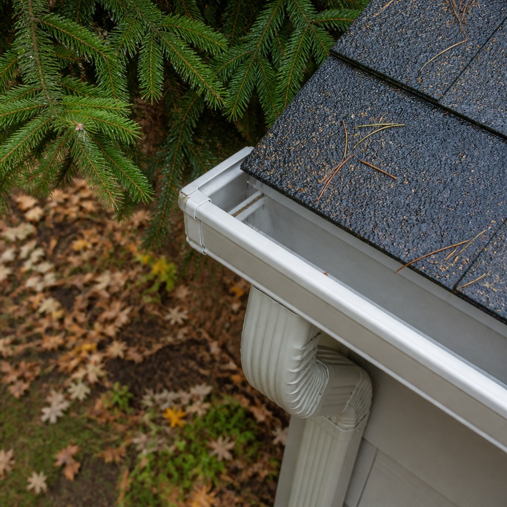 Pine needles near a residential gutter corner and downspout connection