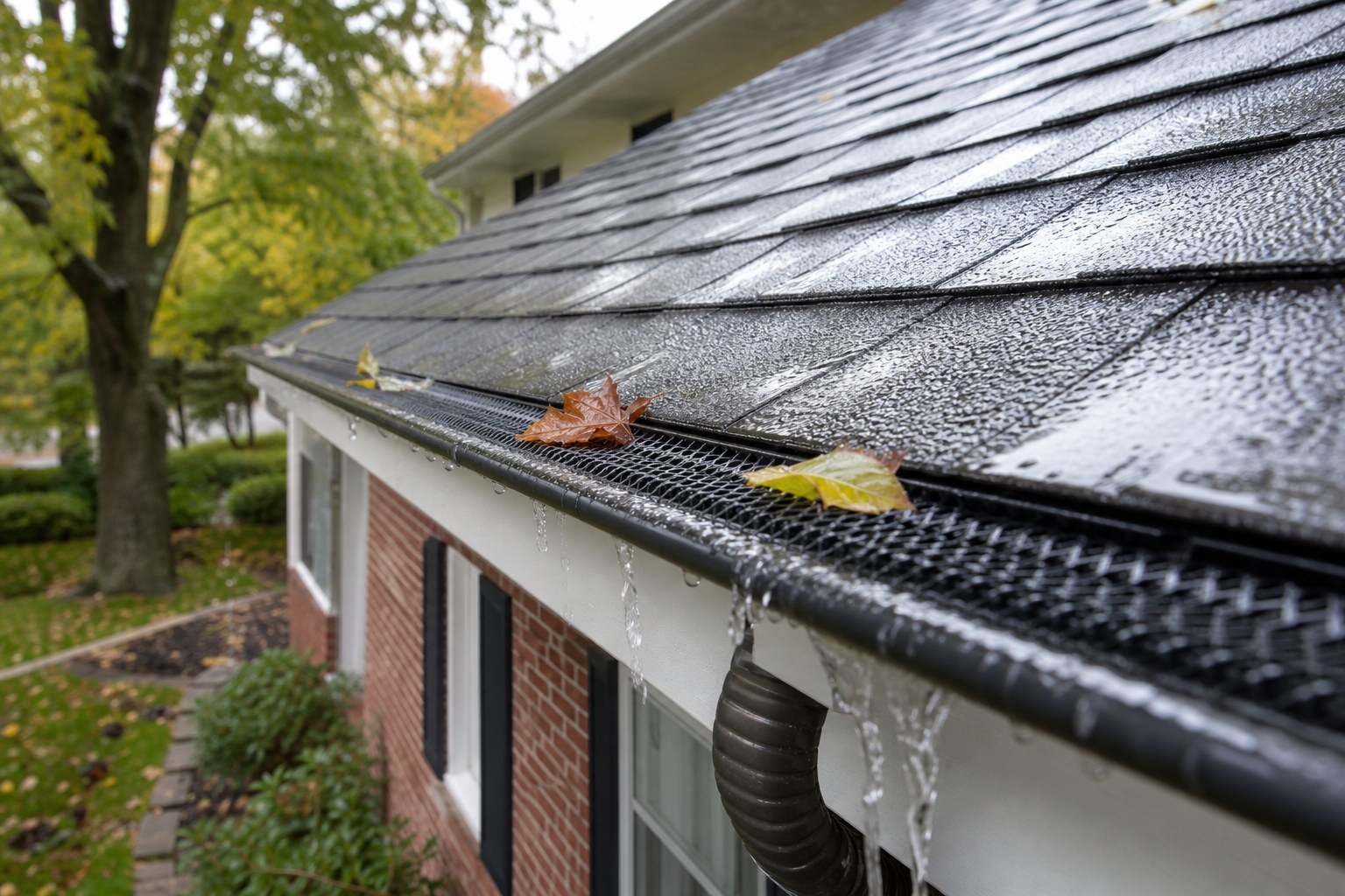Rainwater moving through a micro-mesh gutter guard on a residential roofline