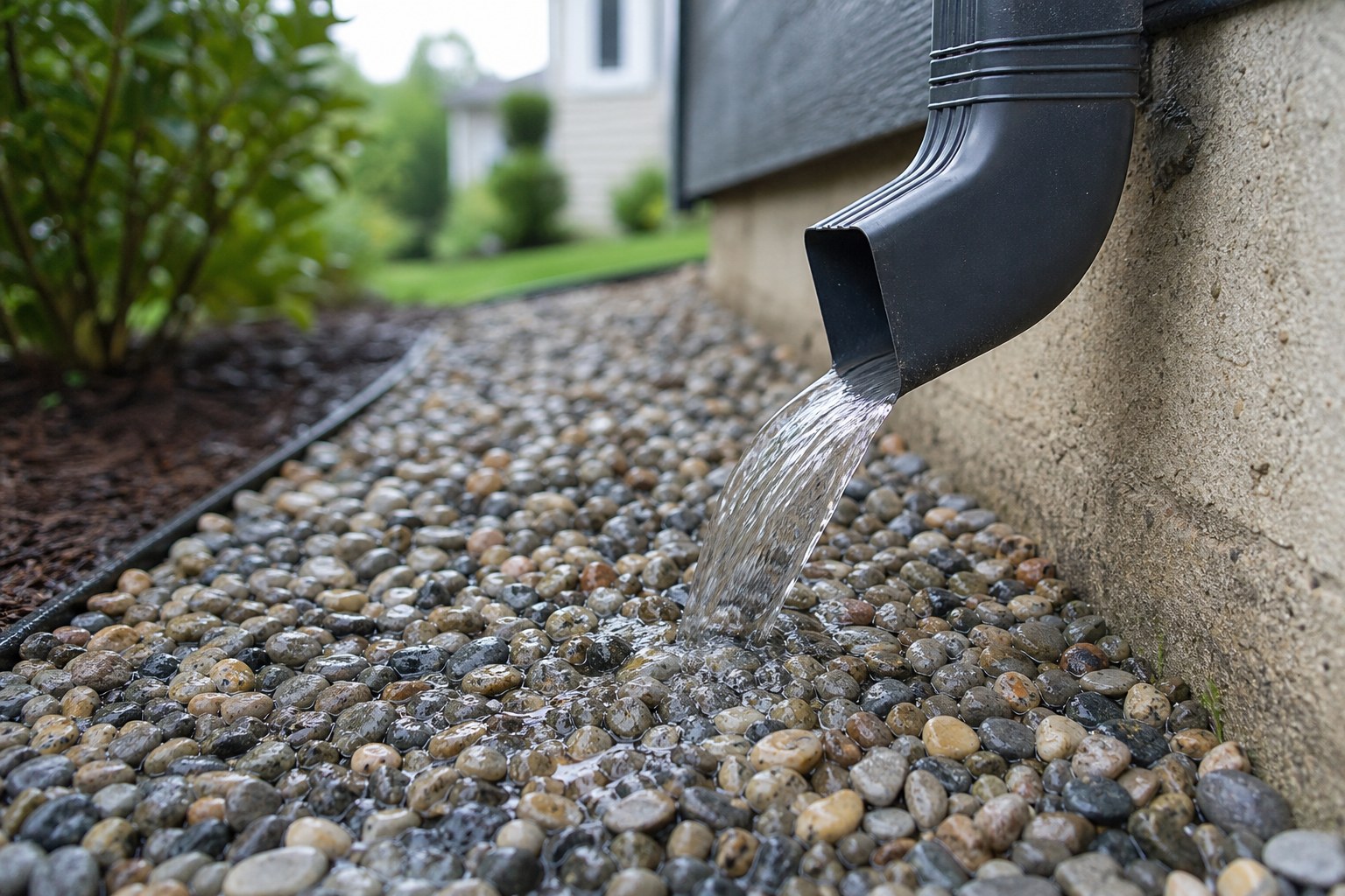 Rainwater flowing from a residential downspout over a gravel splash area