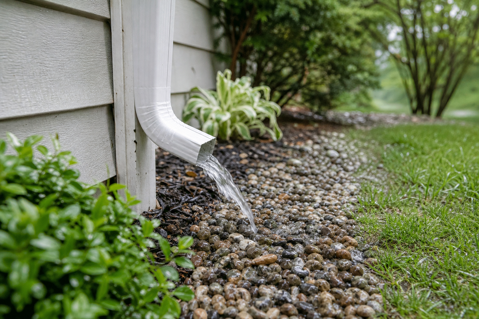 Rainwater flowing from a residential downspout onto a gravel splash area