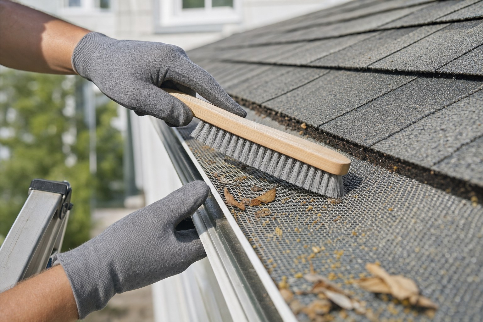 Gloved hands gently brushing debris from a micro-mesh gutter guard
