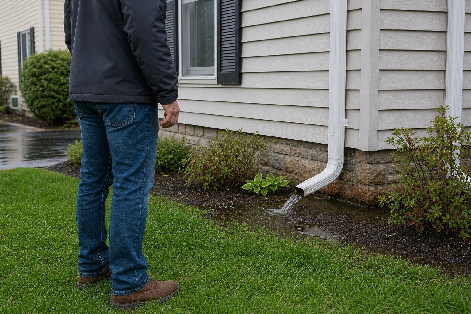 Homeowner checking downspout water flow safely from the lawn