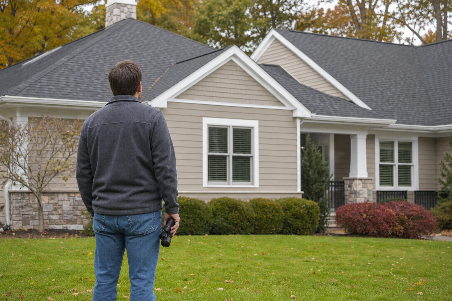 Homeowner checking a residential roofline from the lawn