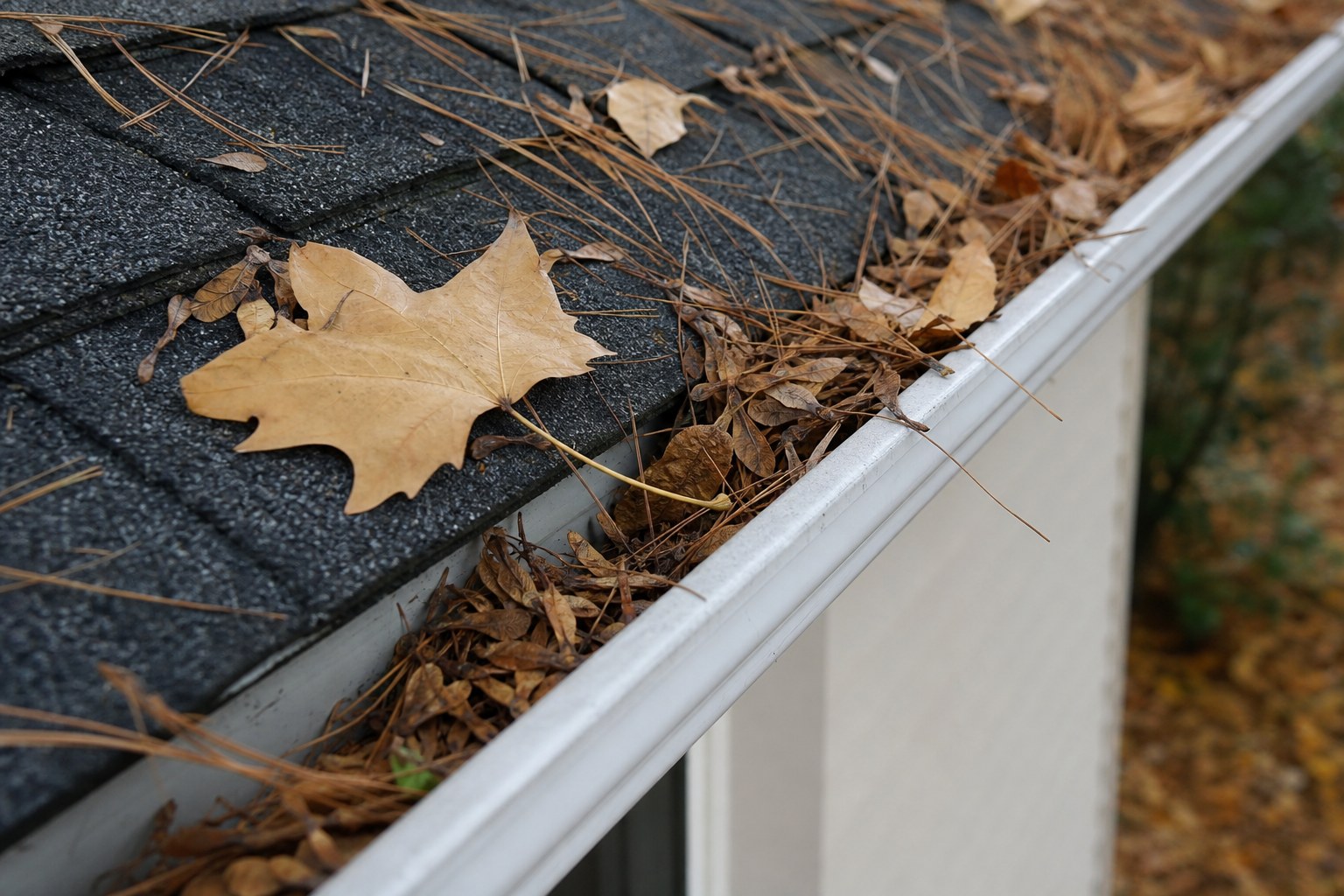 Leaves, seed pods, and pine needles gathered along a roof edge and gutter