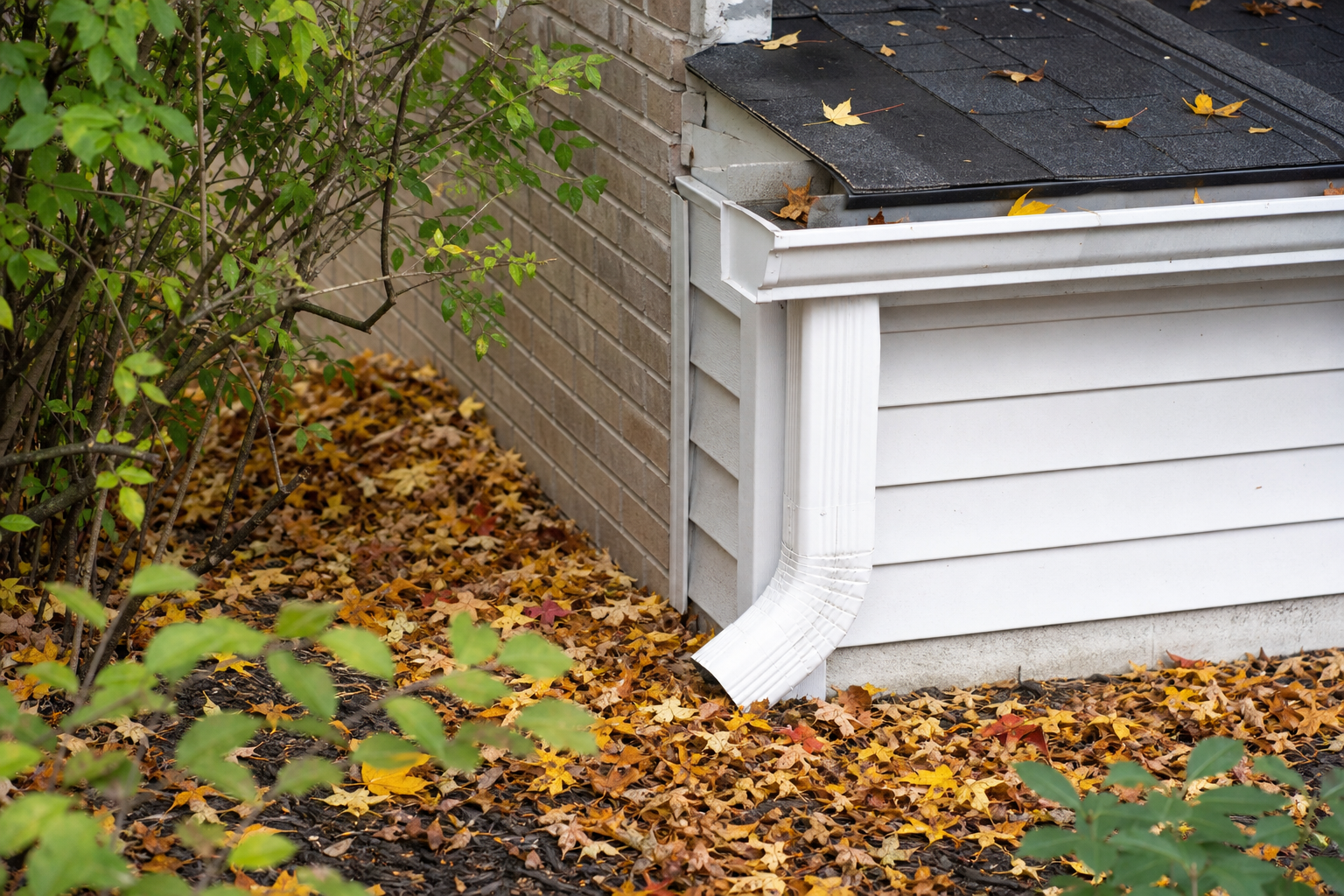 Leaves gathered near a residential downspout in autumn