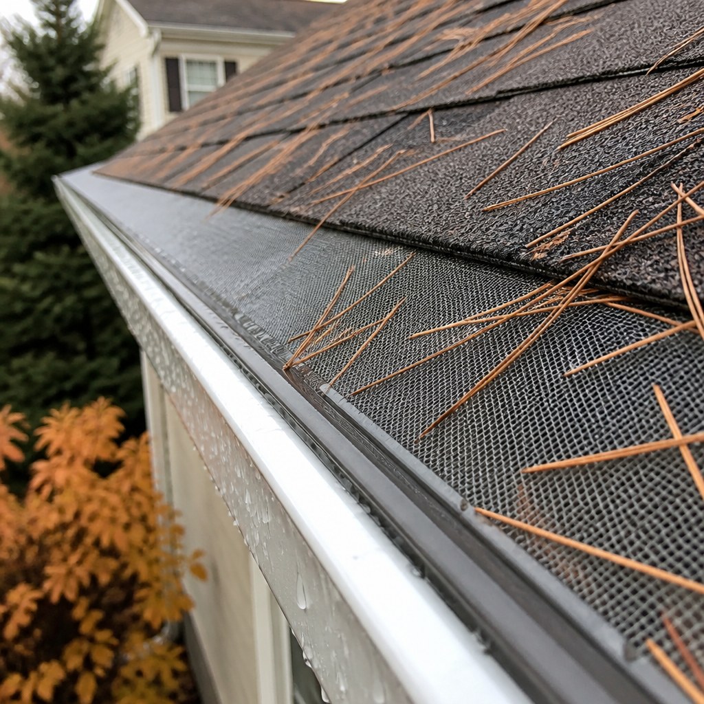 Pine needles resting on a fine-mesh gutter guard along a residential roofline