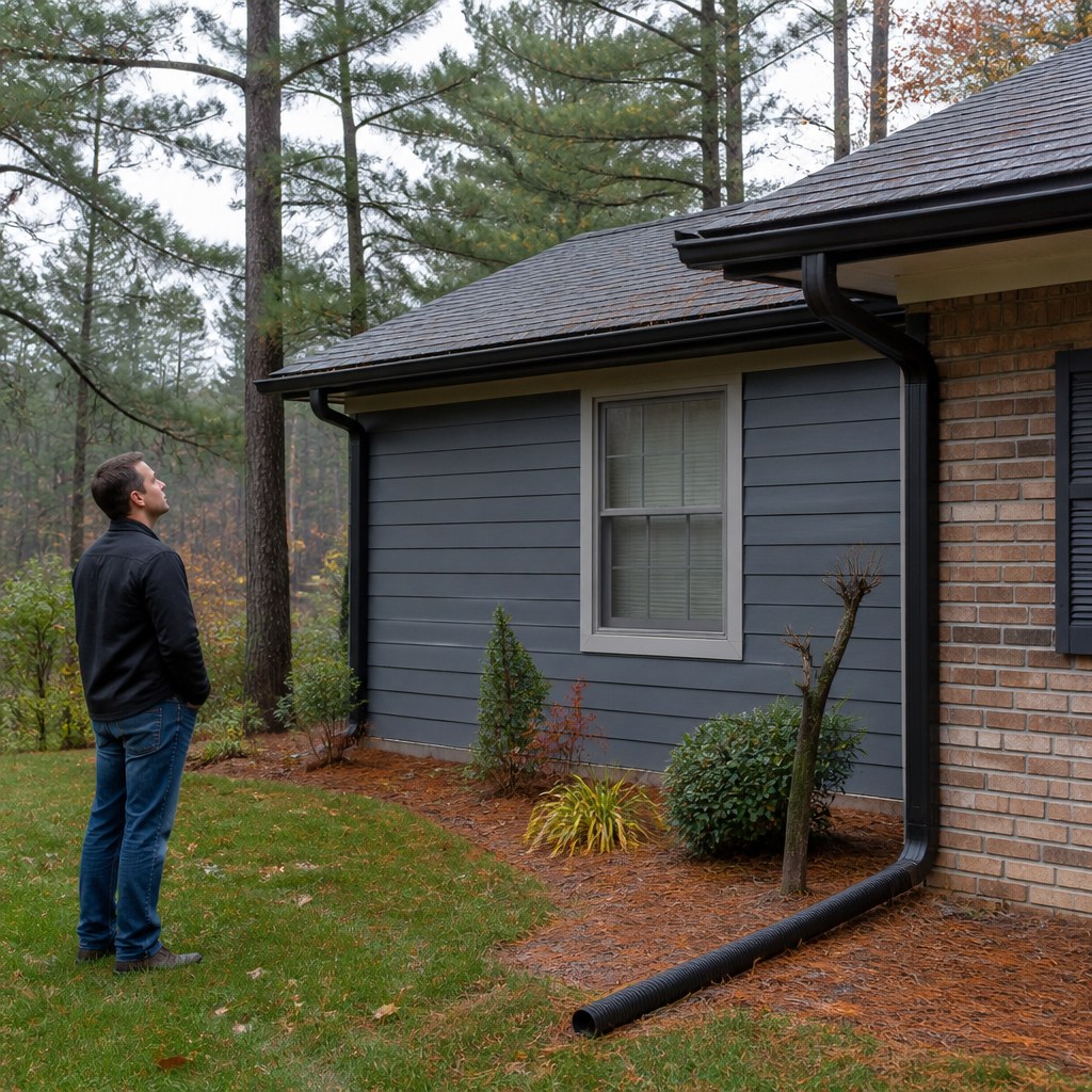 Homeowner checking a roofline safely from the lawn beneath pine trees