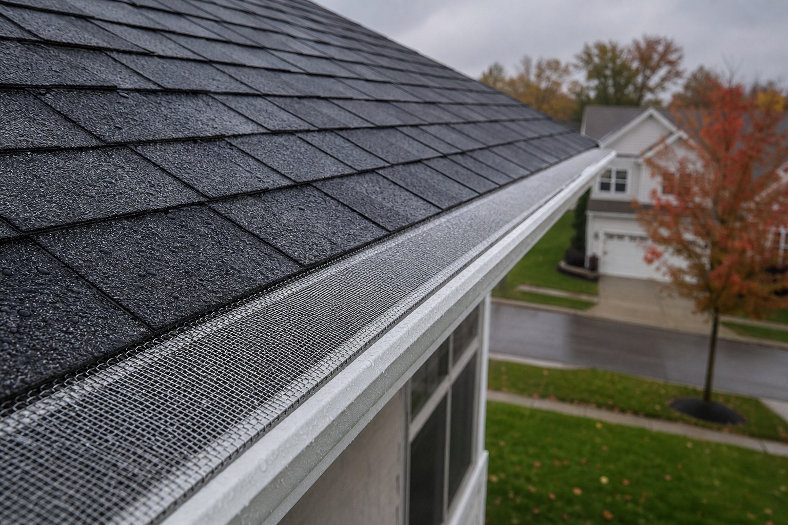 Fine metal mesh installed along a residential gutter line after rain