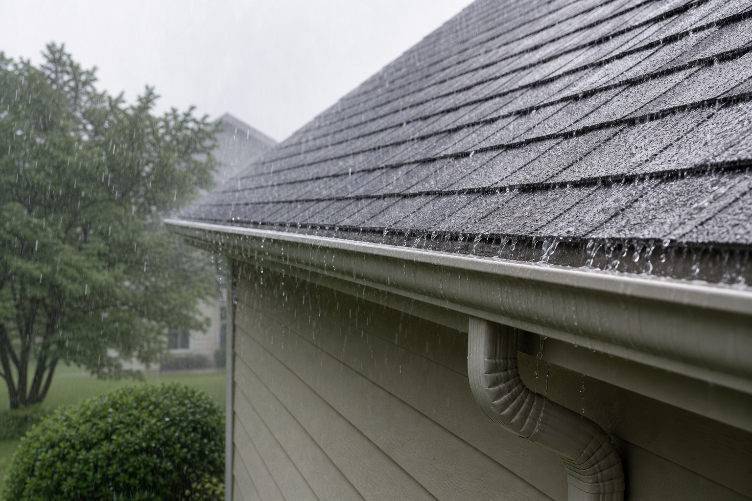 Rain moving along a residential roofline toward a gutter and downspout