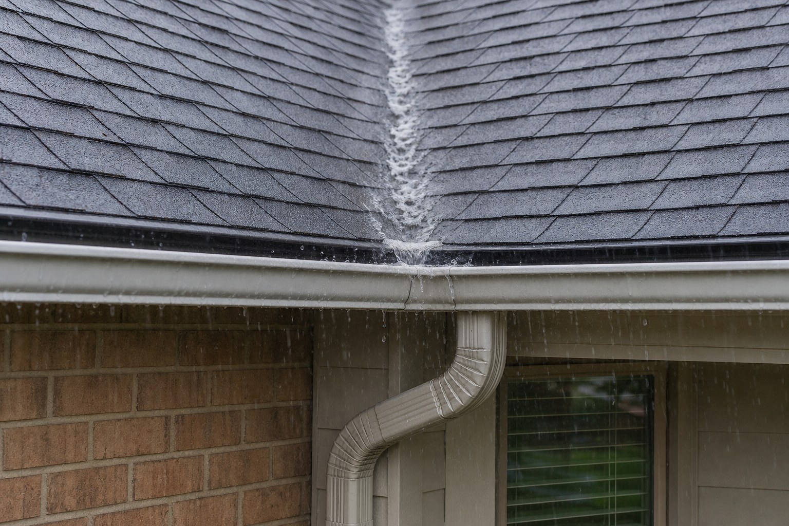 Rainwater moving from a roof valley into a residential gutter