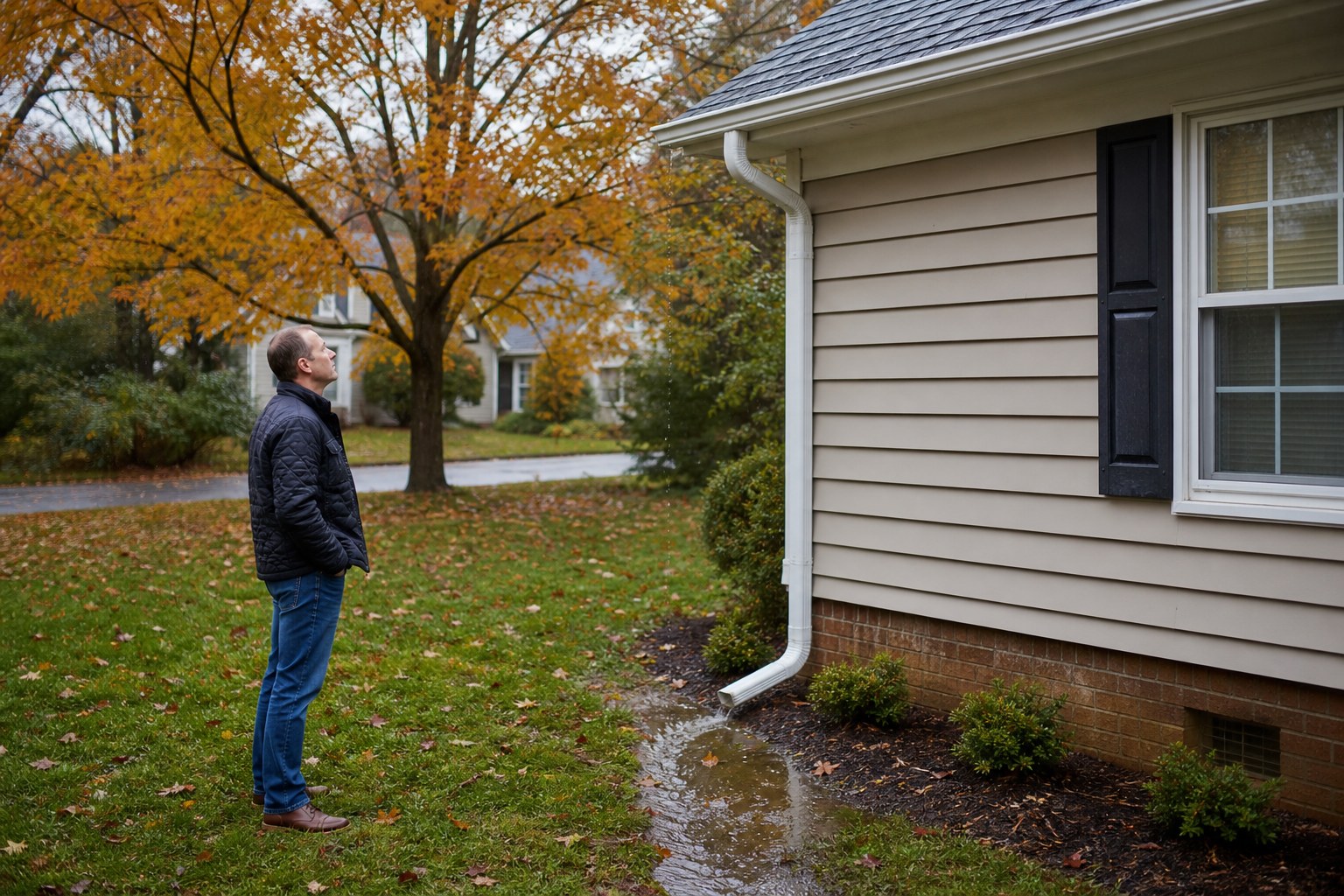 Homeowner viewing a gutter line safely from the lawn after rain
