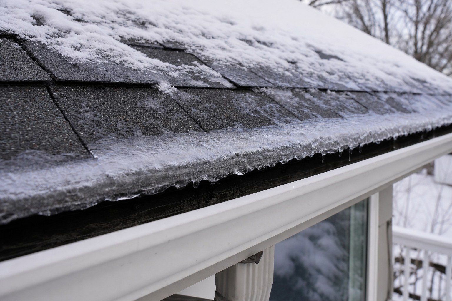 Snow and ice at the edge of a shingled roof above a gutter