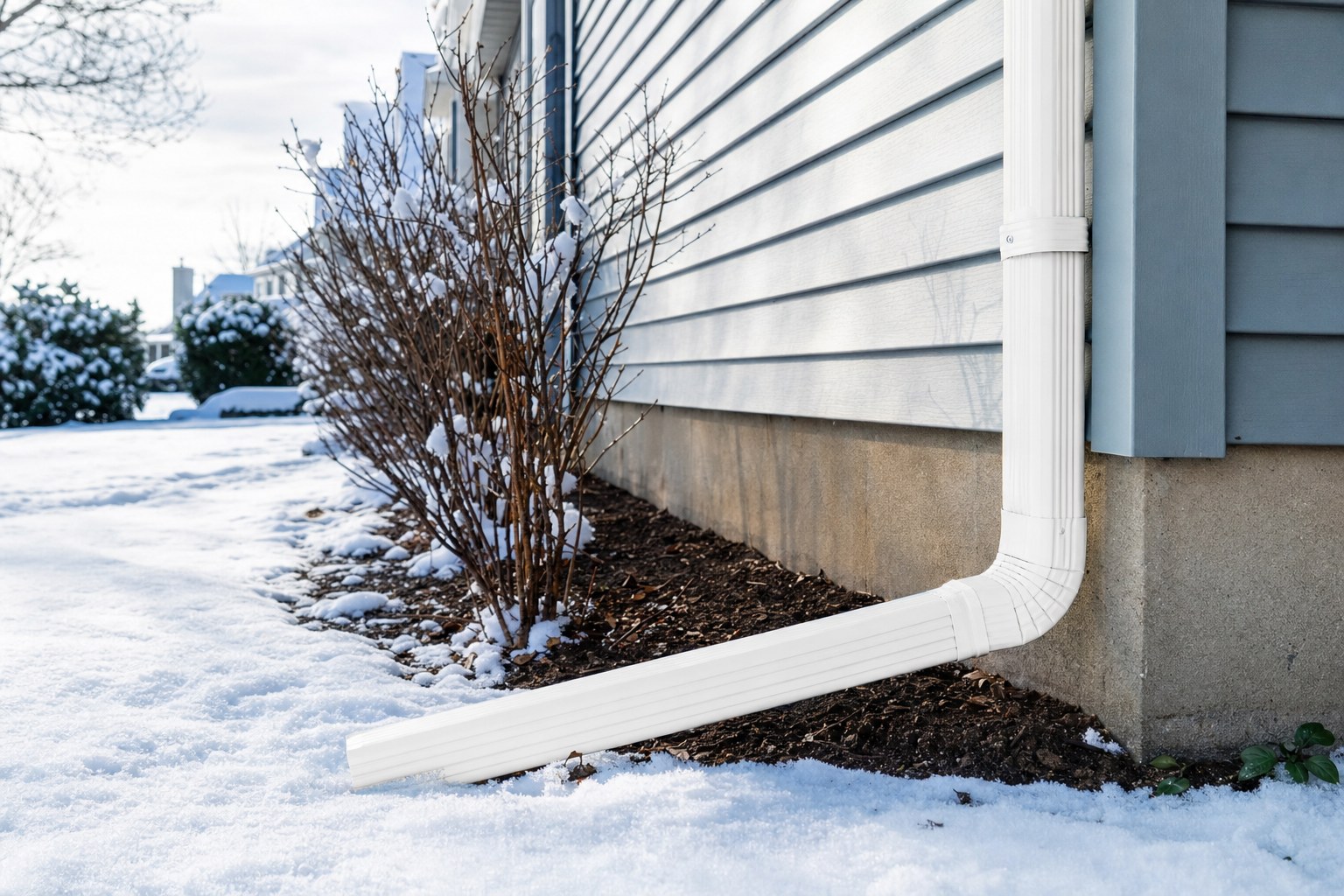 Connected downspout extension directing winter runoff away from a home