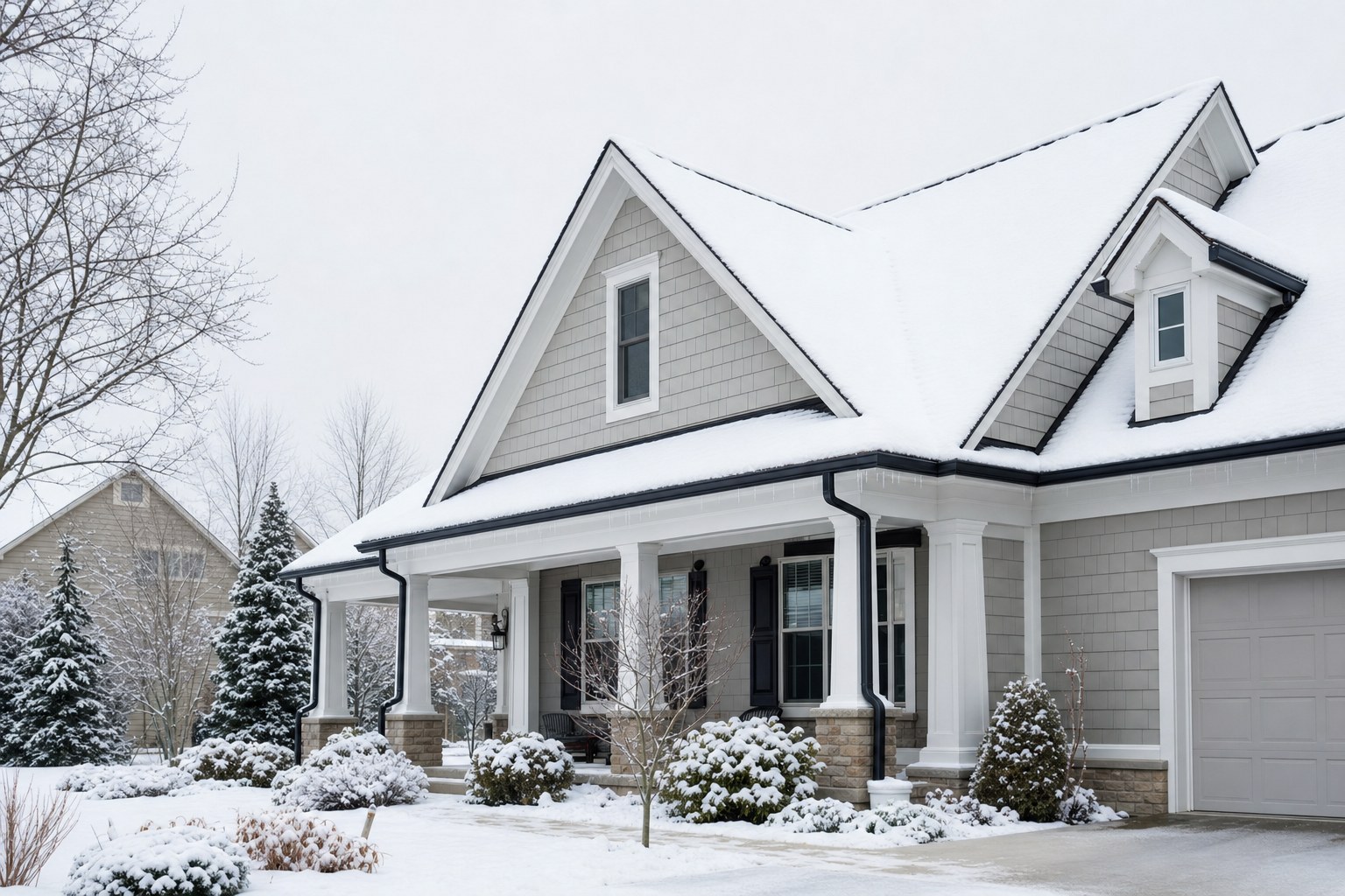 Snow-covered Ohio home with a visible gutter and roofline