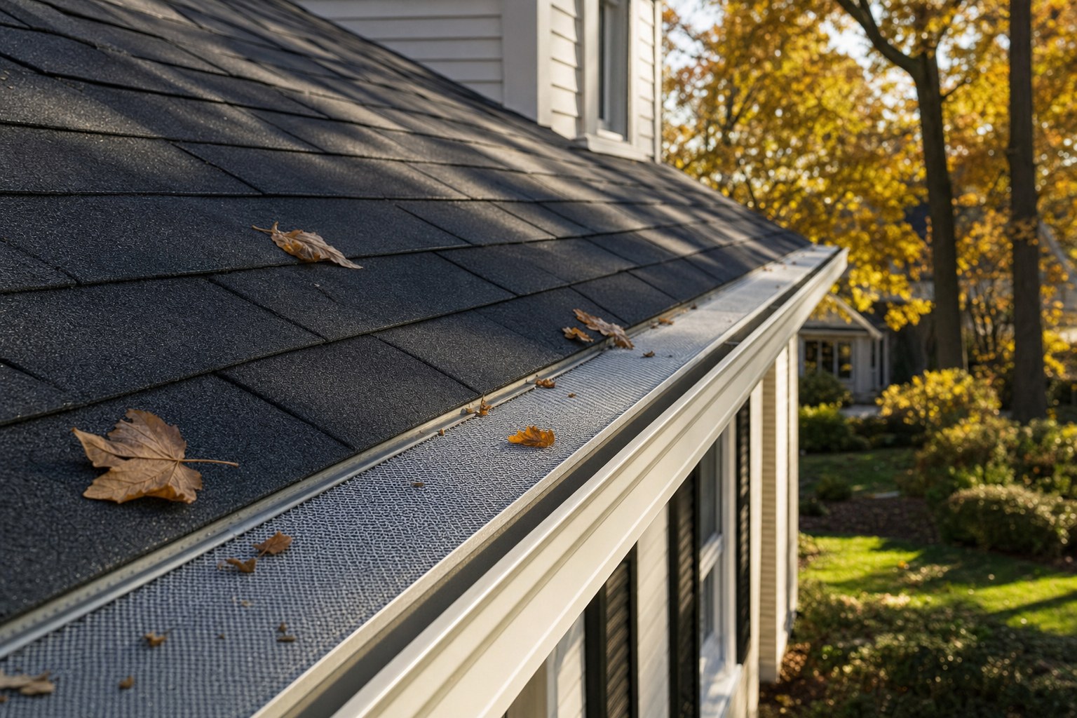 Autumn leaves on a residential roof near a gutter guard
