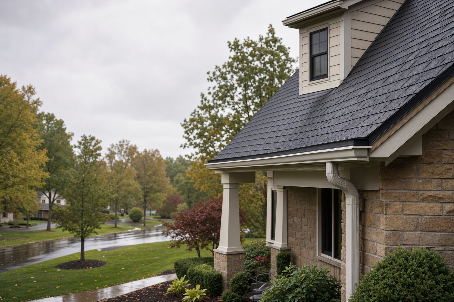 North Canton style home with a clear roofline, gutters, and mature autumn trees