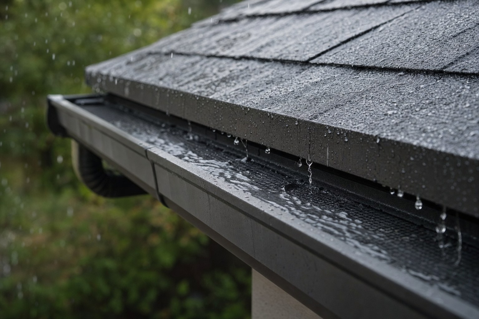 Rainwater moving along a residential roof edge