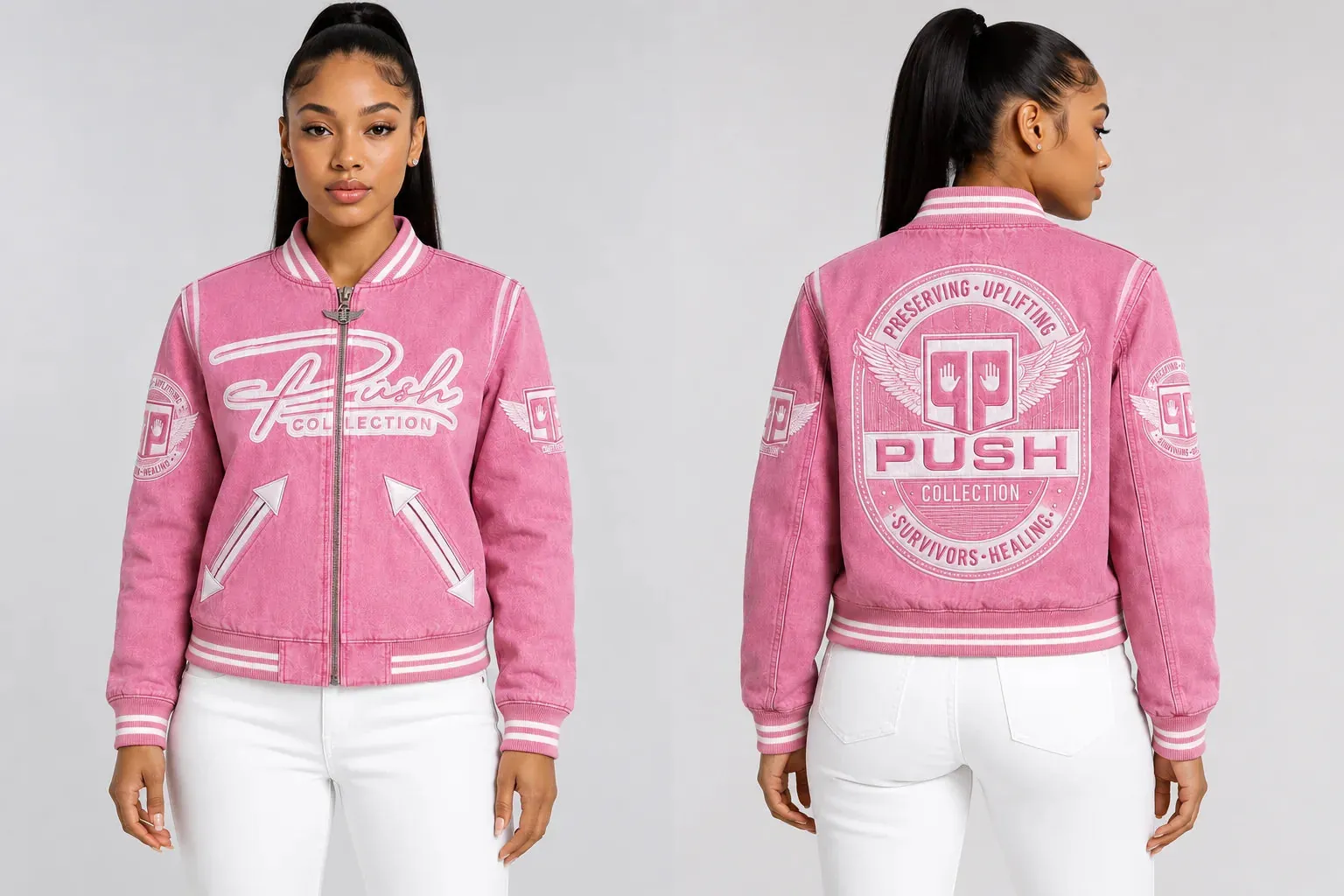 Pink PUSH Victory Jacket for a breast cancer awareness outfit