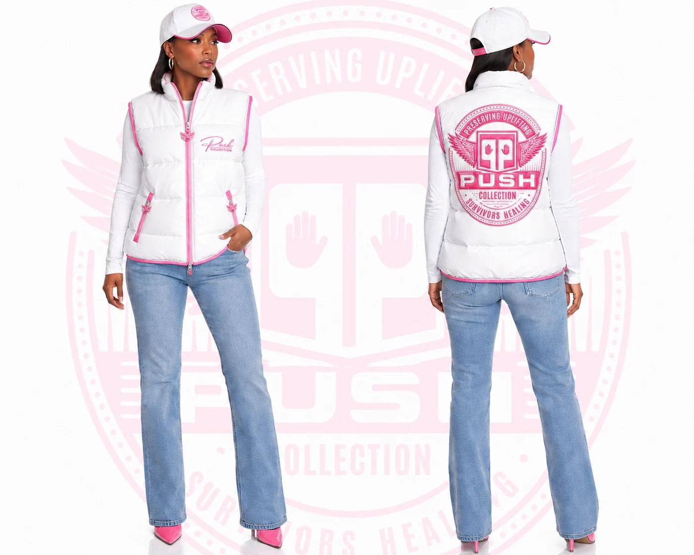 White PUSH puffer vest with pink accents for an outdoor breast cancer awareness walk