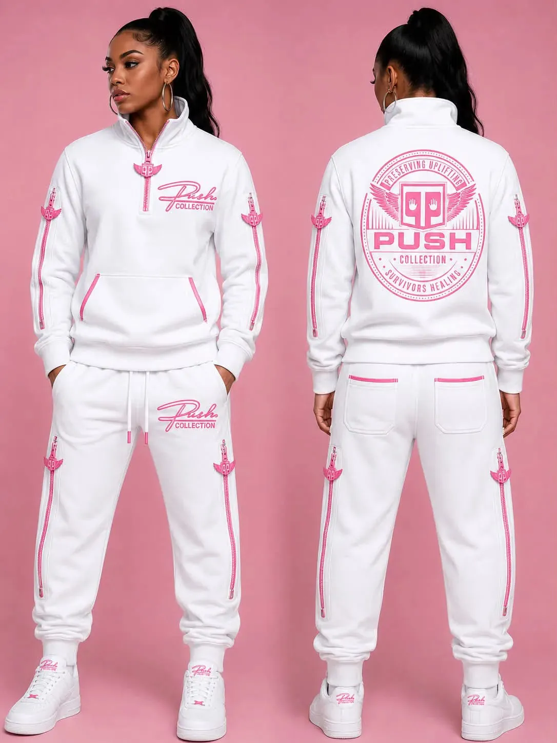 White PUSH tracksuit with a clean pink-accented awareness style